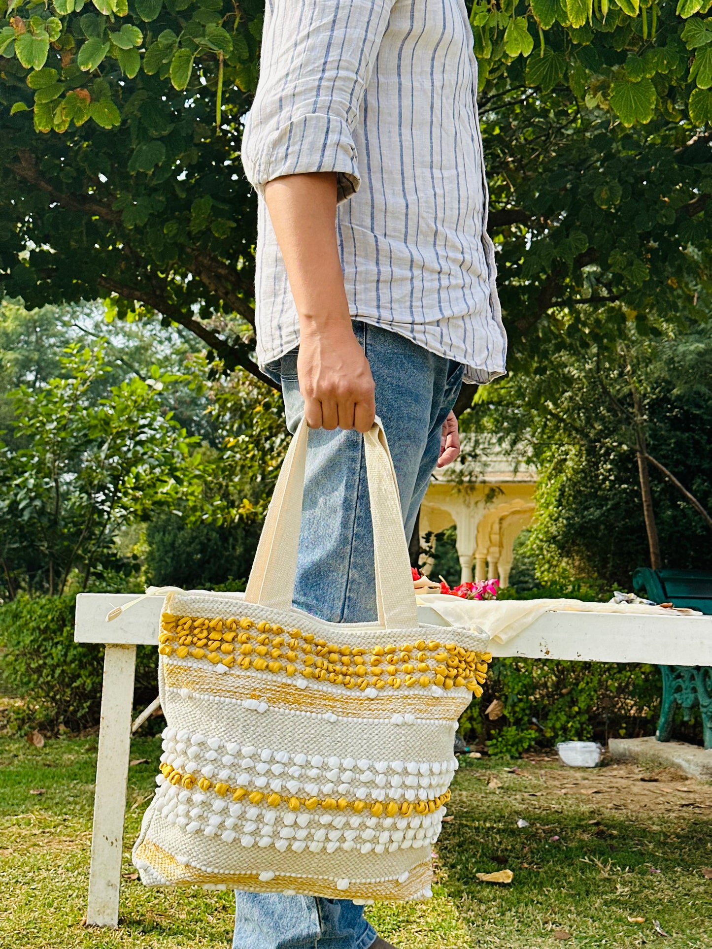 Handwoven Cotton Tote Bag – Ivory & Mustard Textured Stripe Design