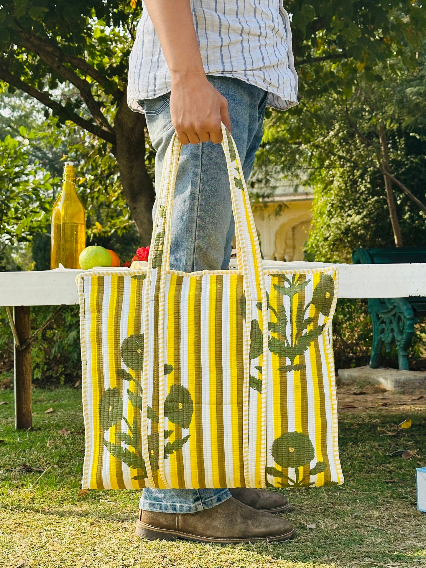 Handcrafted Quilted Cotton Tote Bag – Ivory Jungle Bird & Leopard Print