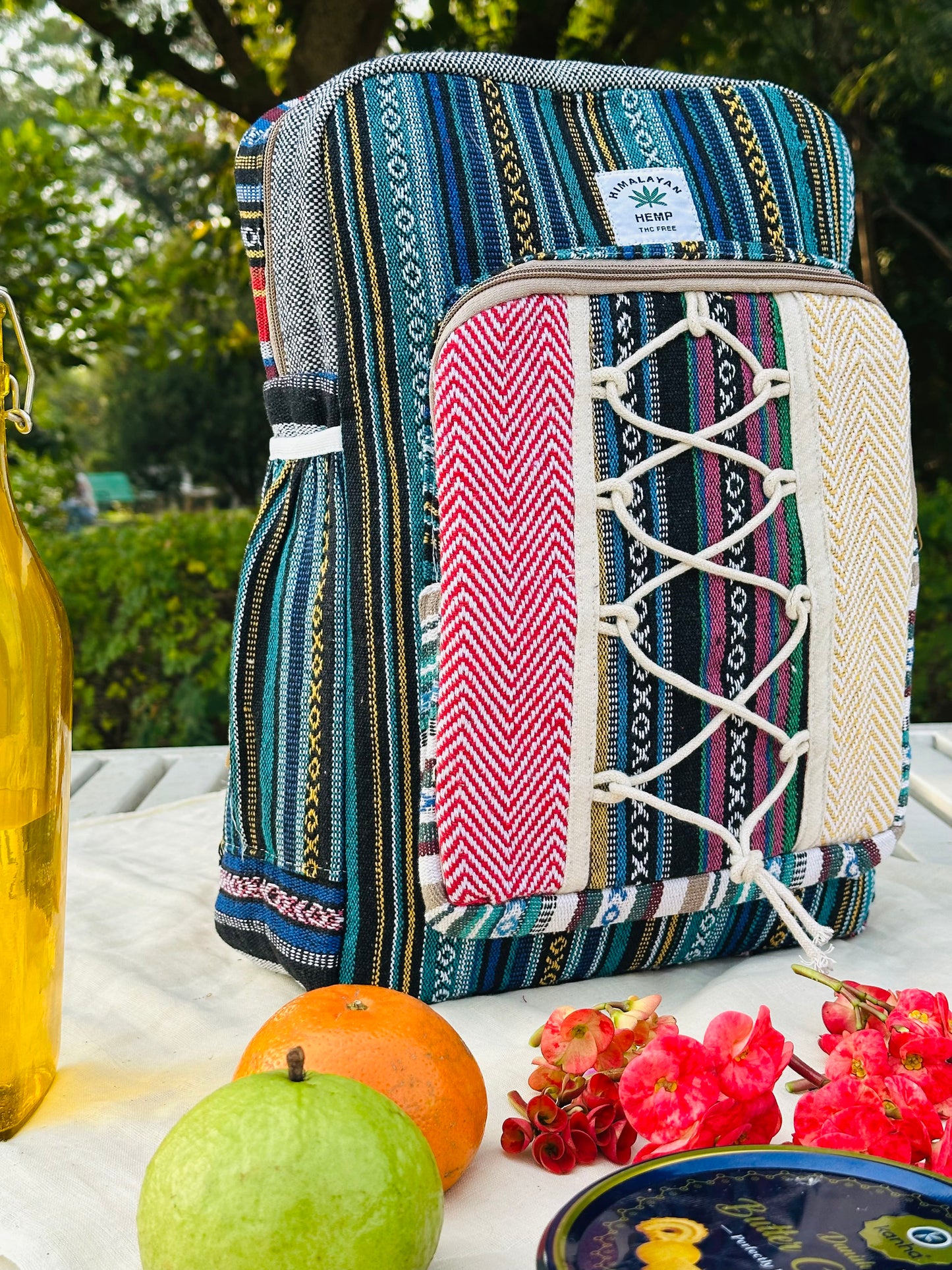 Himalayan Hemp Backpack – Multicolor Stripe with Lace-Up Pocket
