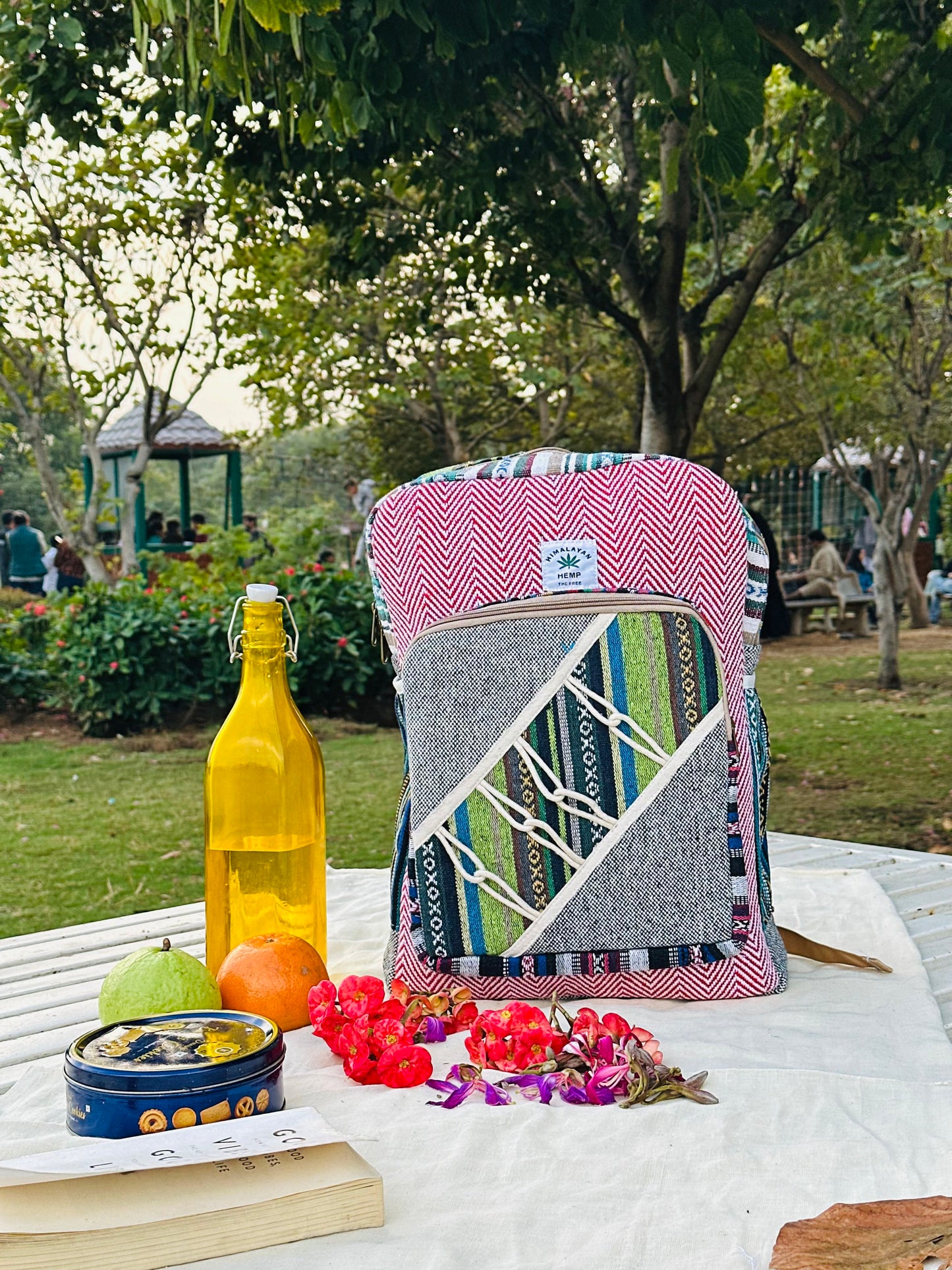 Himalayan Hemp Backpack – Red Chevron & Multicolor Weave