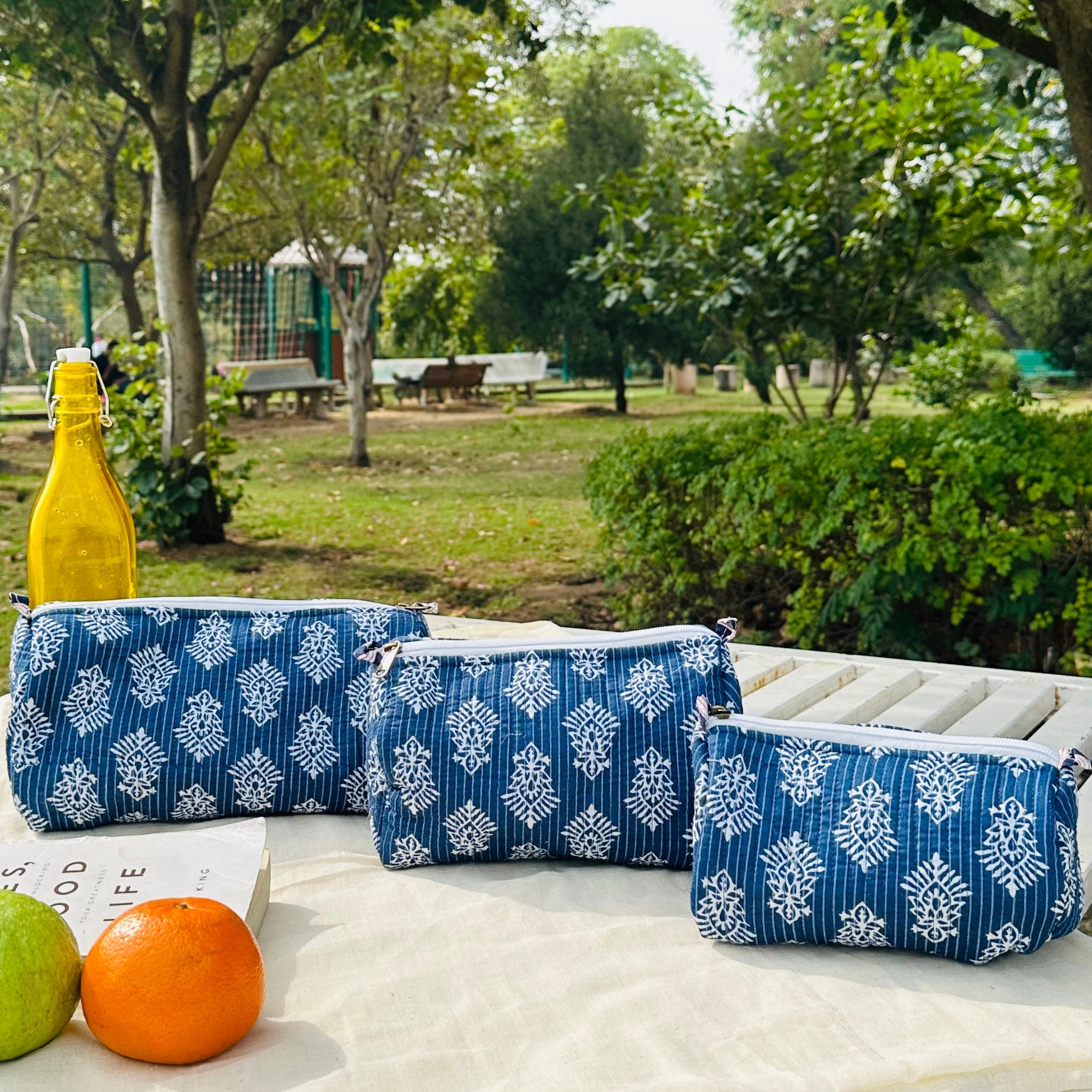 Quilted 3-Piece Pouch Set - Blue Block Print