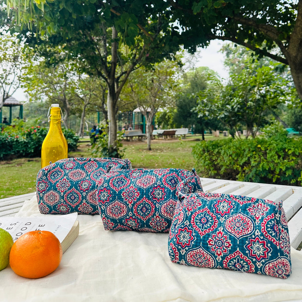 Quilted 3-Piece Pouch Set - Green & Red Print