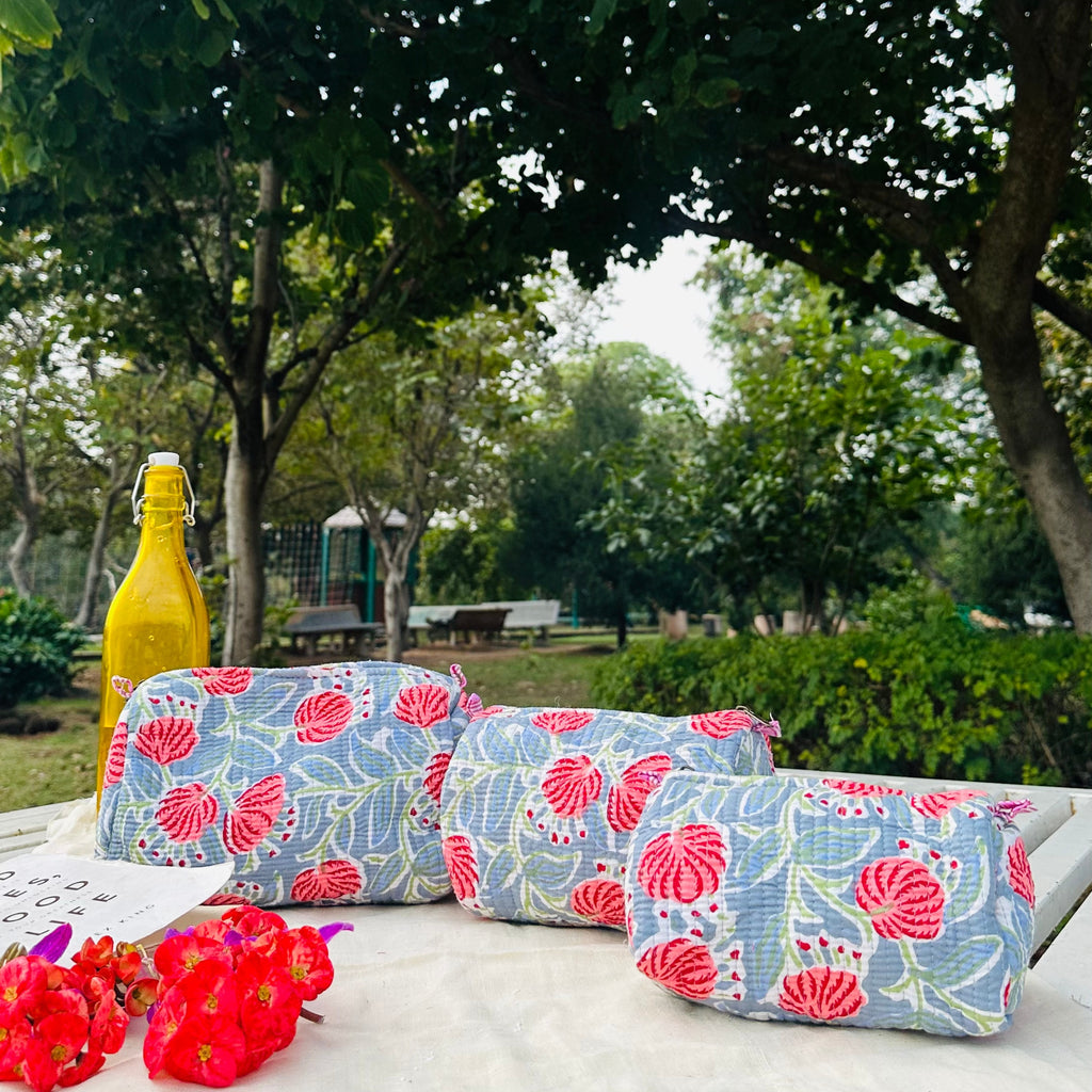 Quilted 3-Piece Pouch Set - Light Blue & Pink Floral