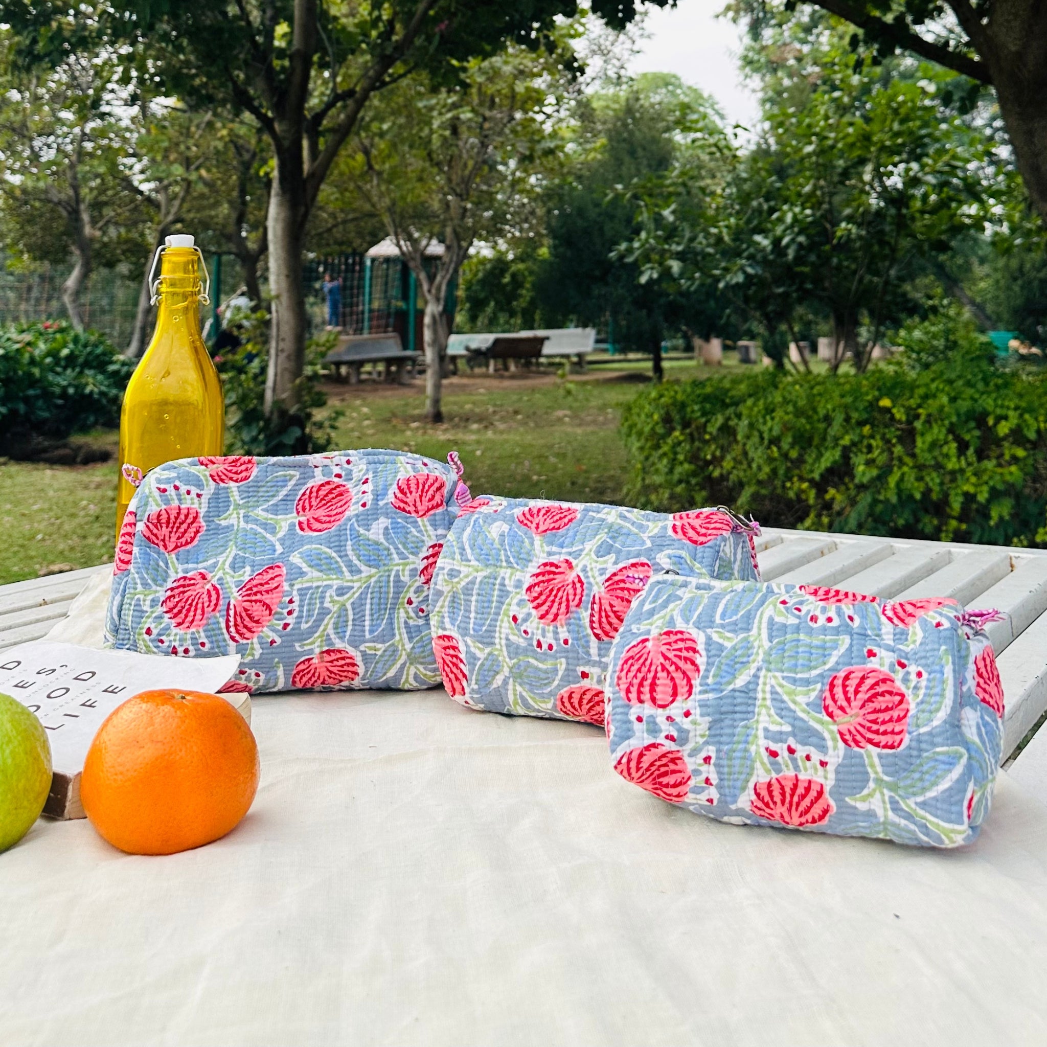 Quilted 3-Piece Pouch Set - Light Blue & Pink Floral