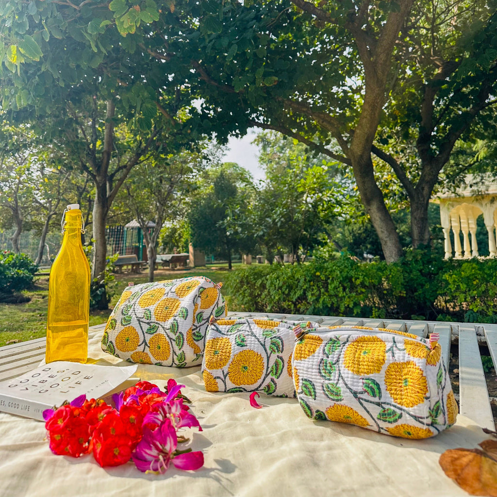 Quilted 3-Piece Pouch Set - Off-White & Yellow Floral