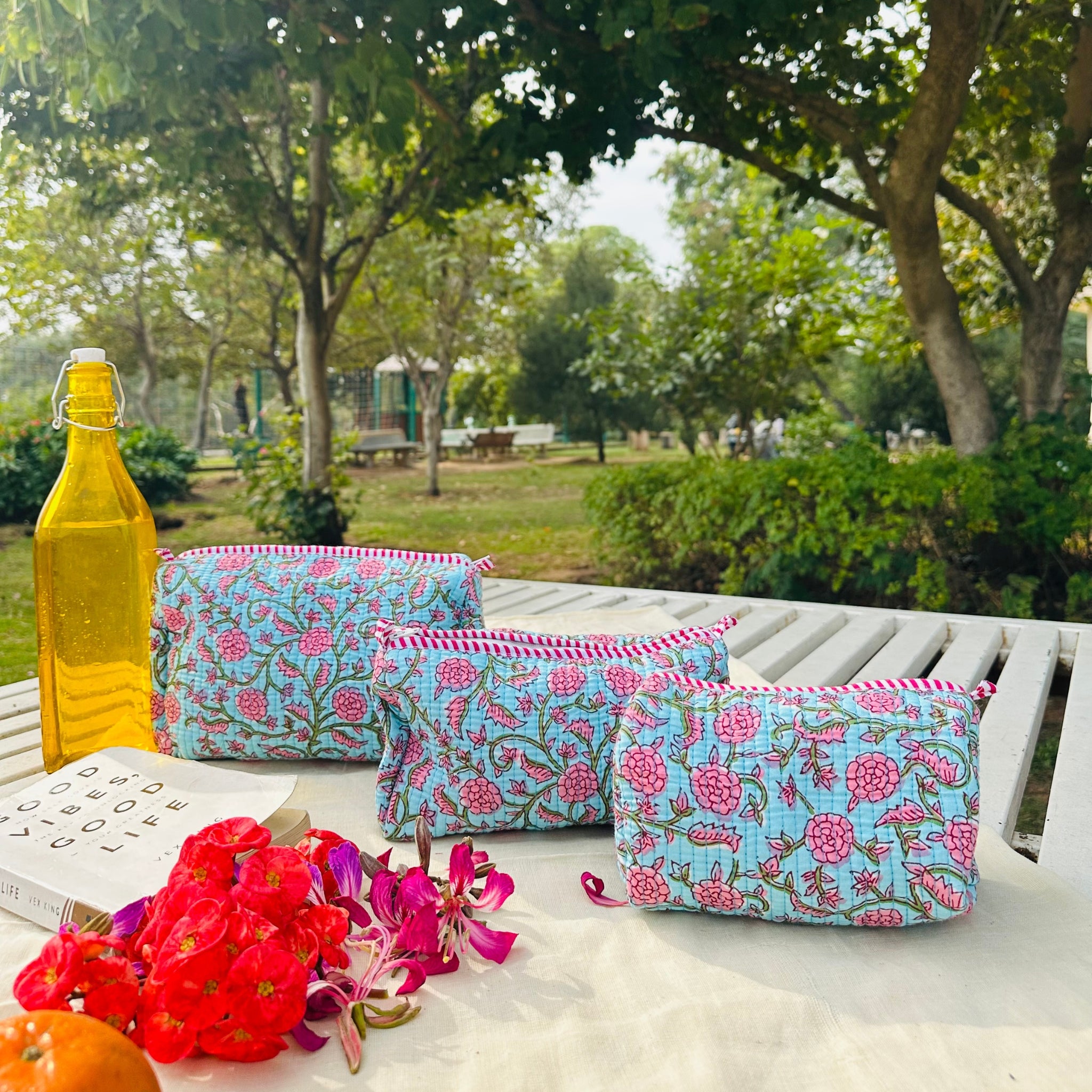 Quilted 3-Piece Pouch Set - Aqua Blue & Pink Floral