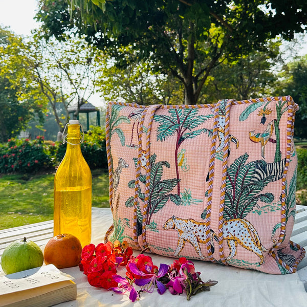 Quilted Cotton Tote Bag (Large) – Pink Jungle Print