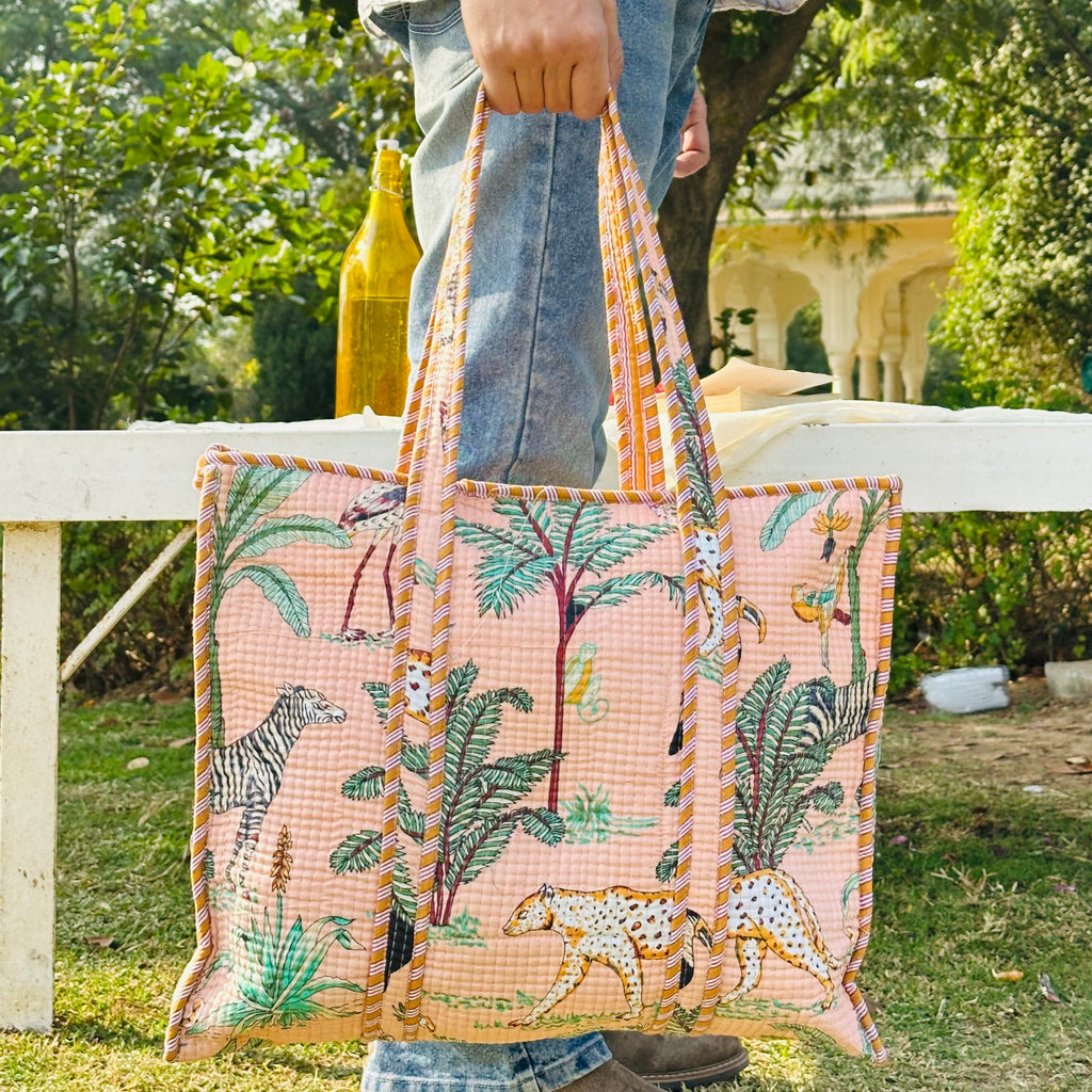 Quilted Cotton Tote Bag (Large) – Pink Jungle Print