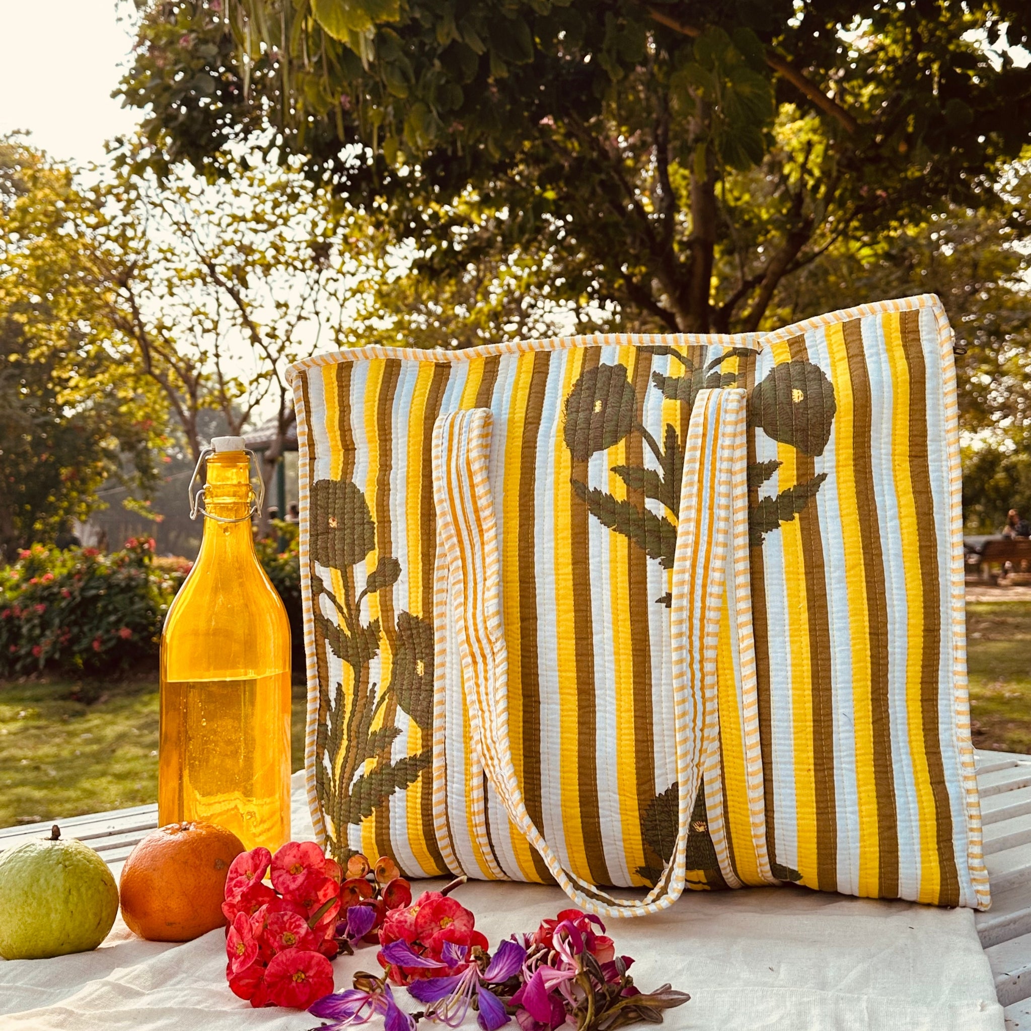 Quilted Cotton Tote Bag (Large) – Mustard Stripe Floral Print