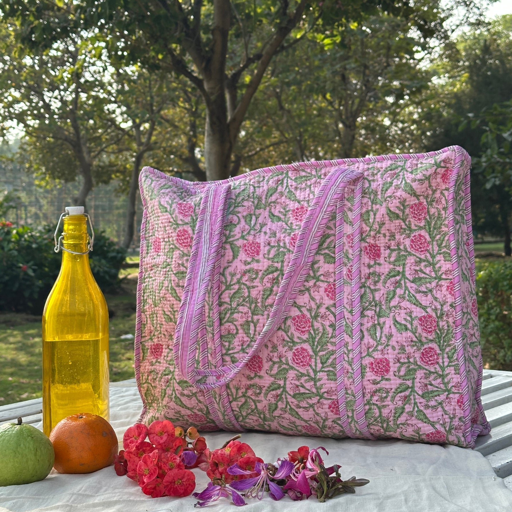 Quilted Cotton Tote Bag (Large) – Pink Floral Print