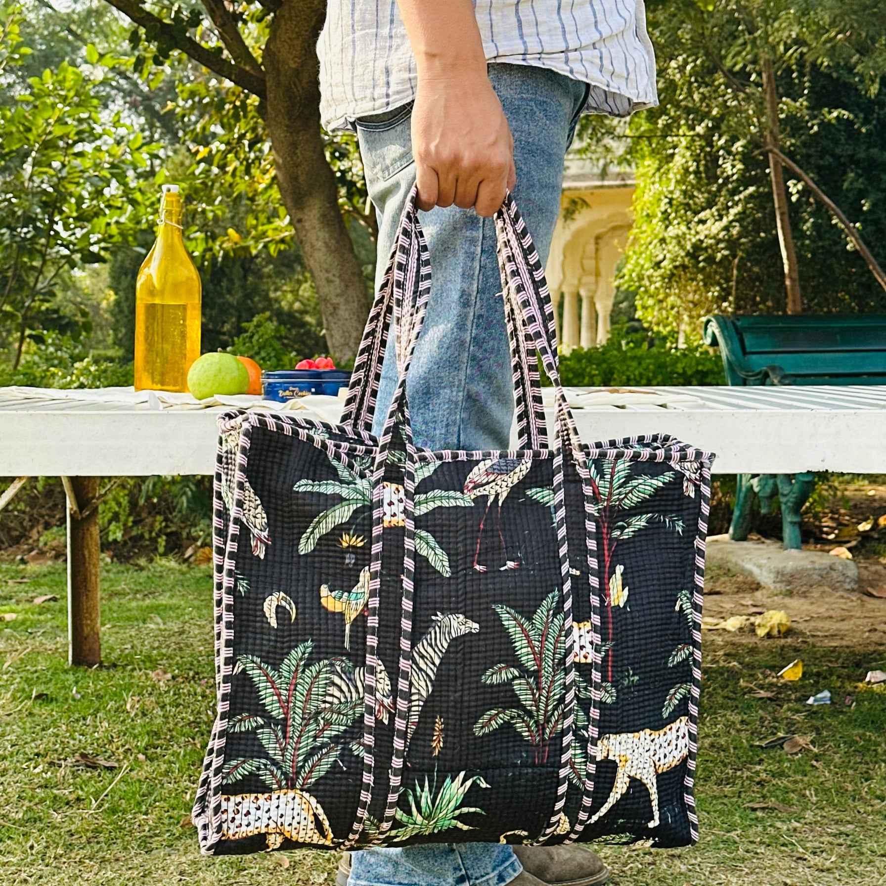 Quilted Cotton Tote Bag (Large) – Black Jungle Print