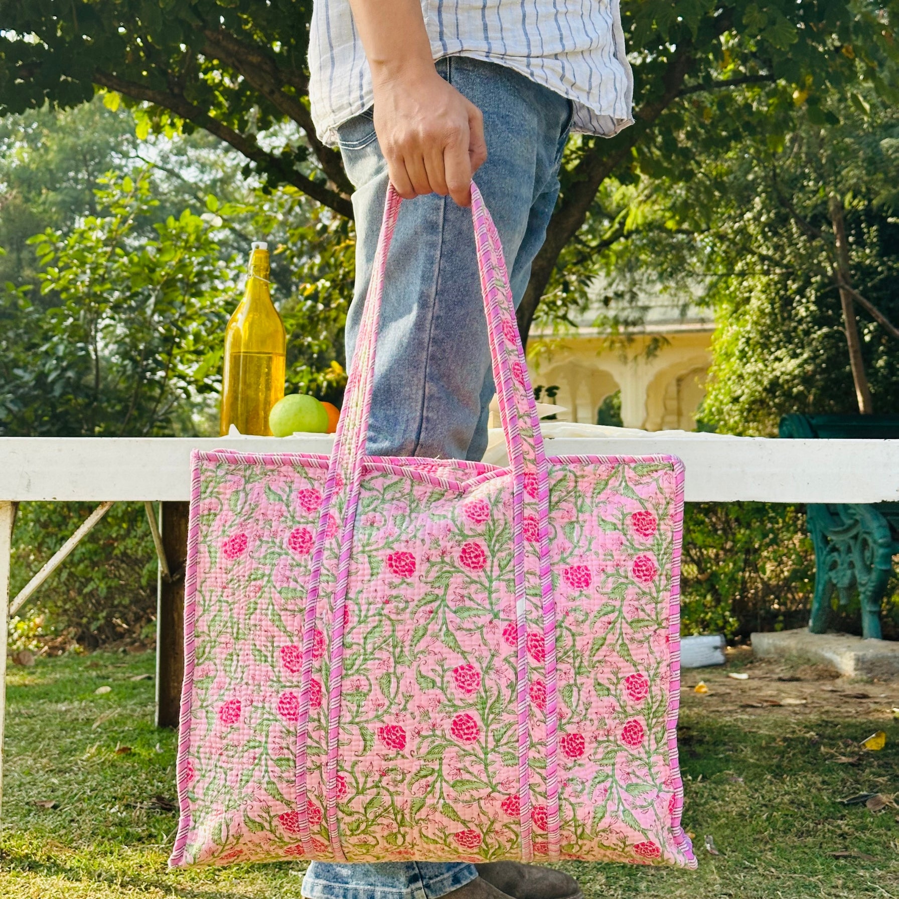 Quilted Cotton Tote Bag (Large) – Pink Floral Print