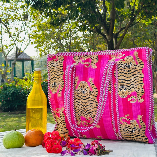 Quilted Cotton Tote Bag (Large) – Pink Tiger Print