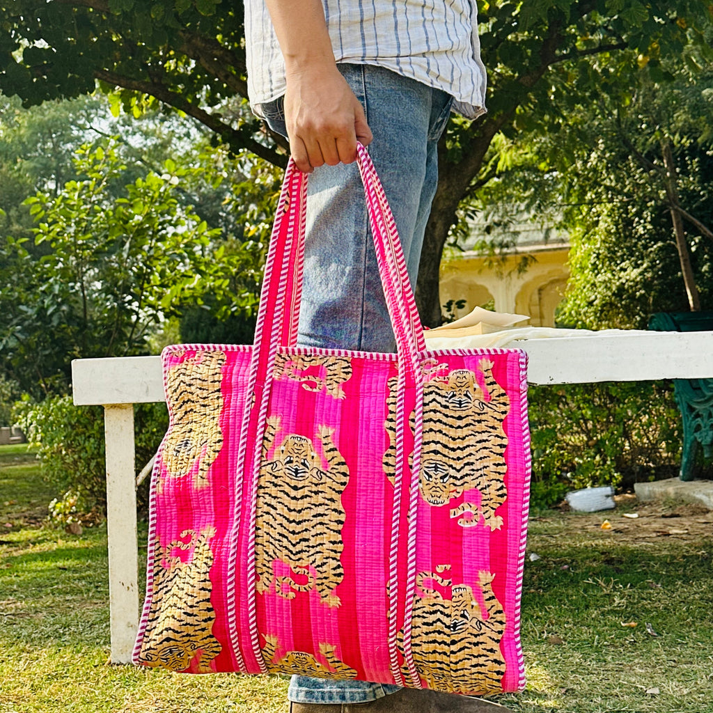 Quilted Cotton Tote Bag (Large) – Pink Tiger Print