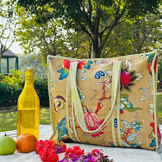 Quilted Cotton Tote Bag (Large) – Beige Floral Garden Print