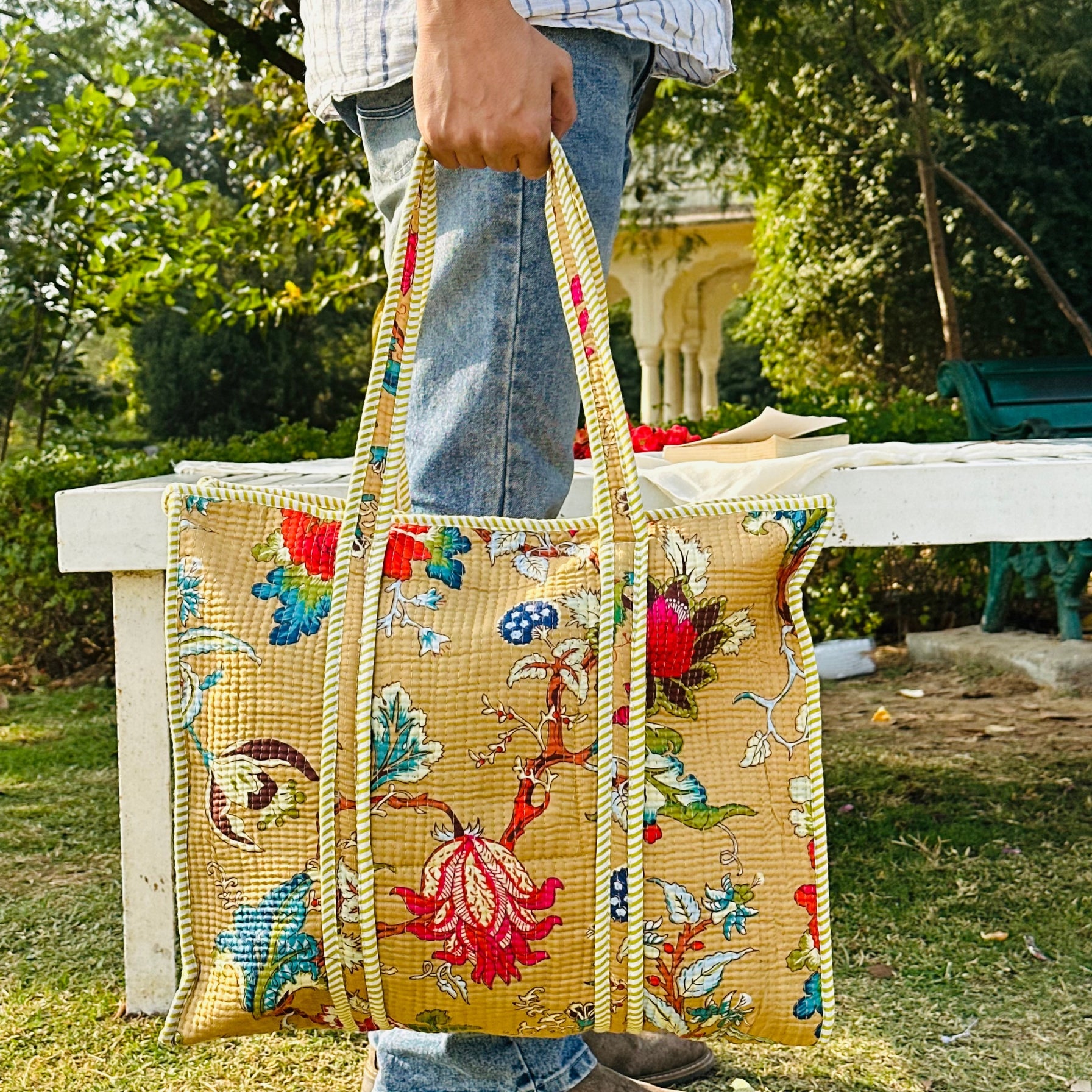 Quilted Cotton Tote Bag (Large) – Beige Floral Garden Print