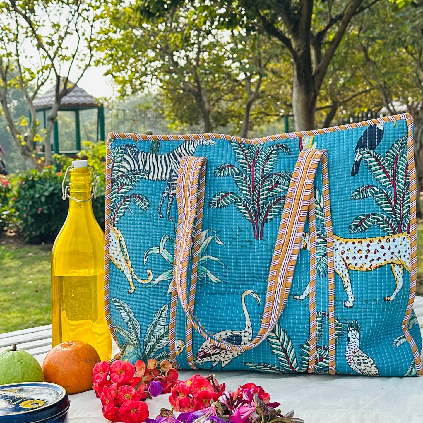 Quilted Cotton Tote Bag (Large) – Teal Jungle Safari Print