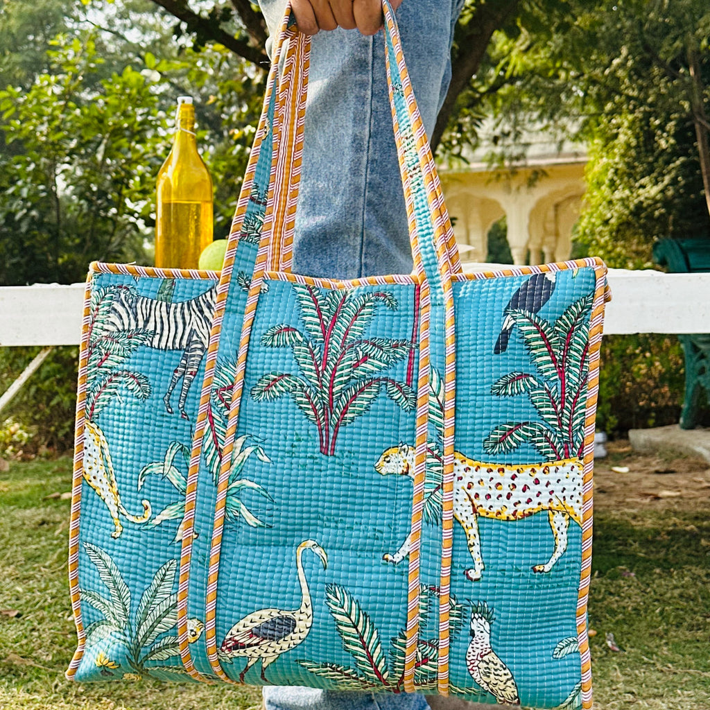 Quilted Cotton Tote Bag (Large) – Teal Jungle Safari Print