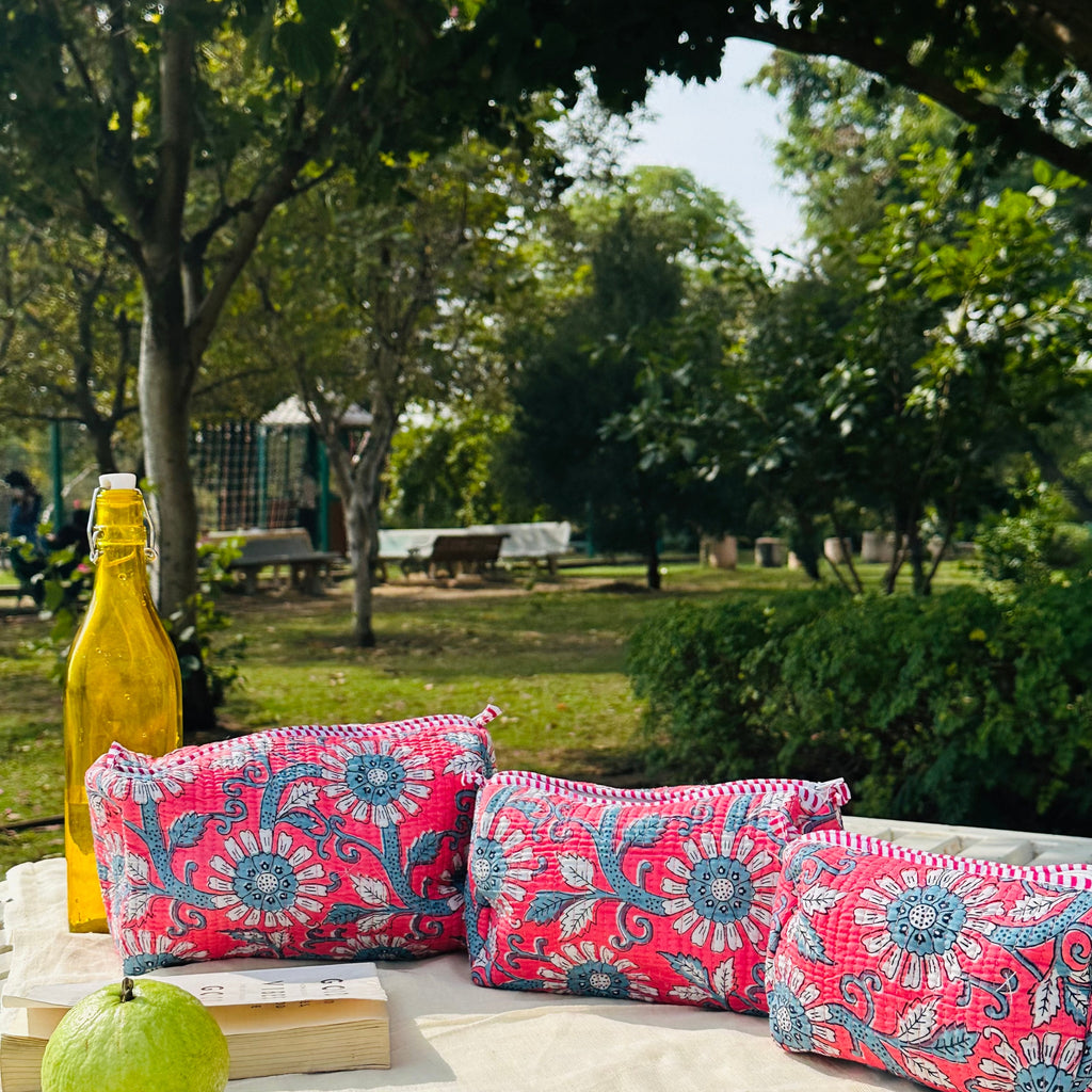 Quilted 3-Piece Pouch Set - Bright Pink