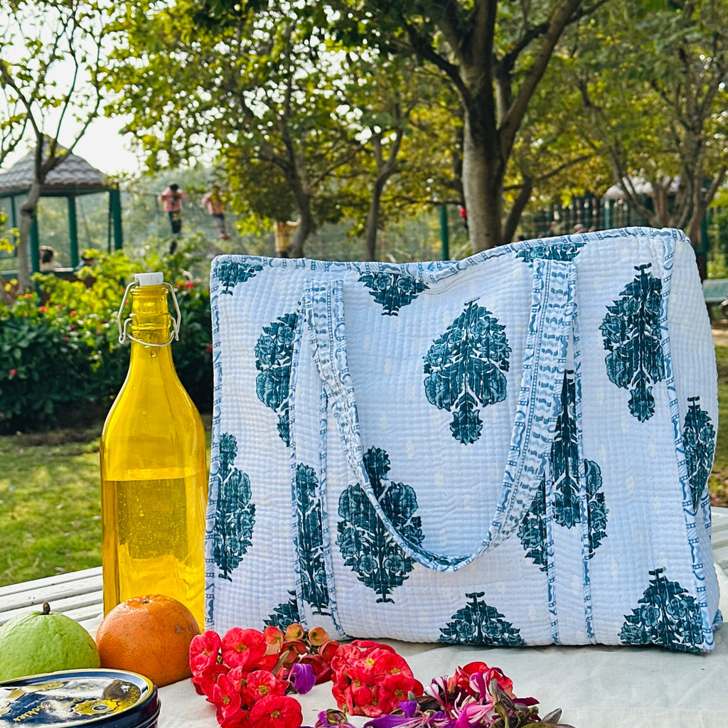 Quilted Cotton Tote Bag (Large) – Ivory White with Teal Block Print