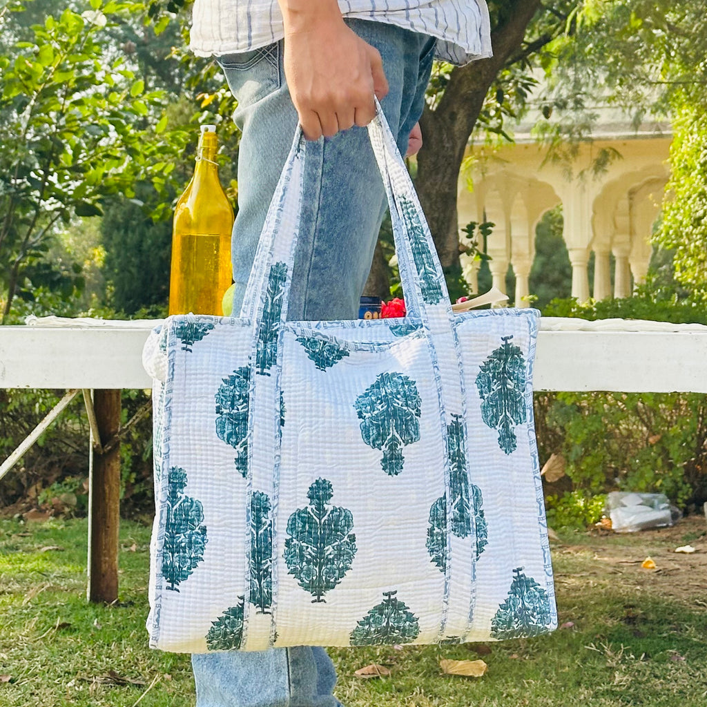 Quilted Cotton Tote Bag (Large) – Ivory White with Teal Block Print