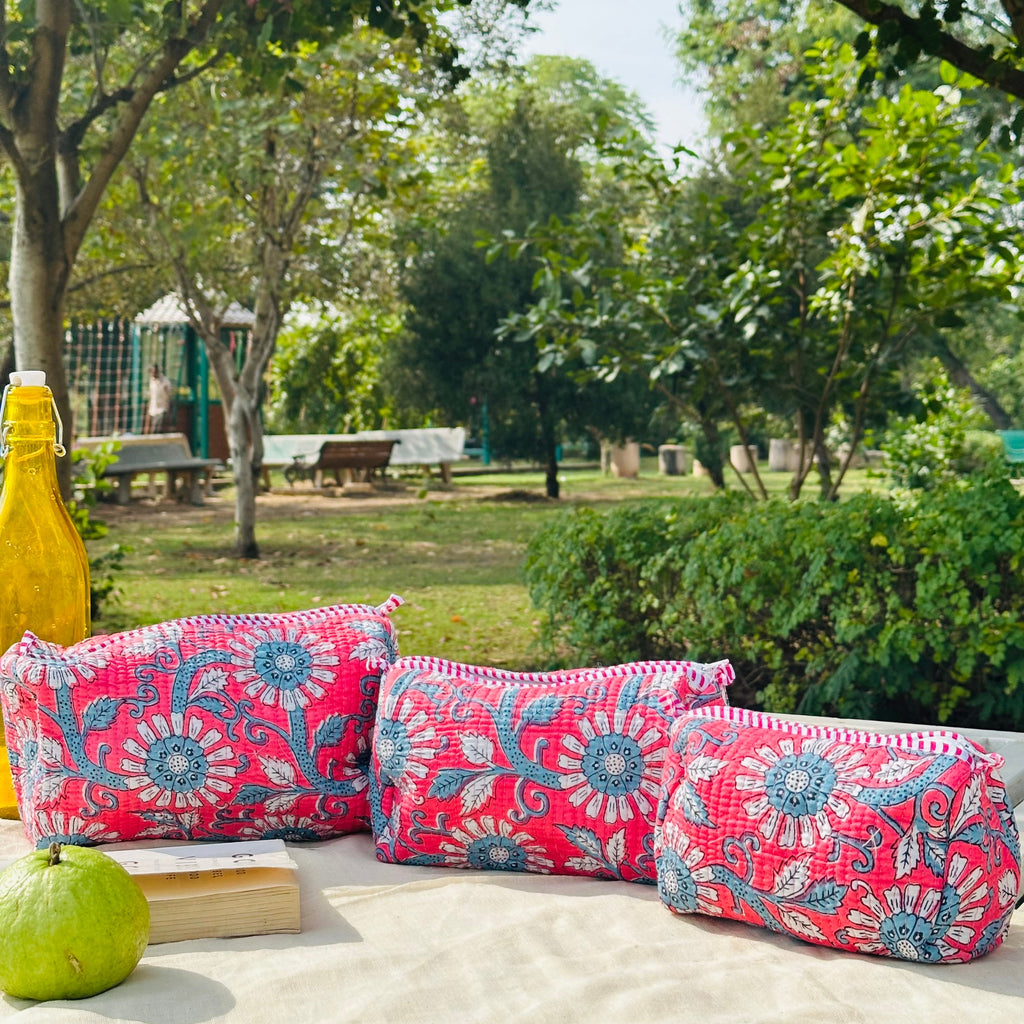 Quilted 3-Piece Pouch Set - Bright Pink