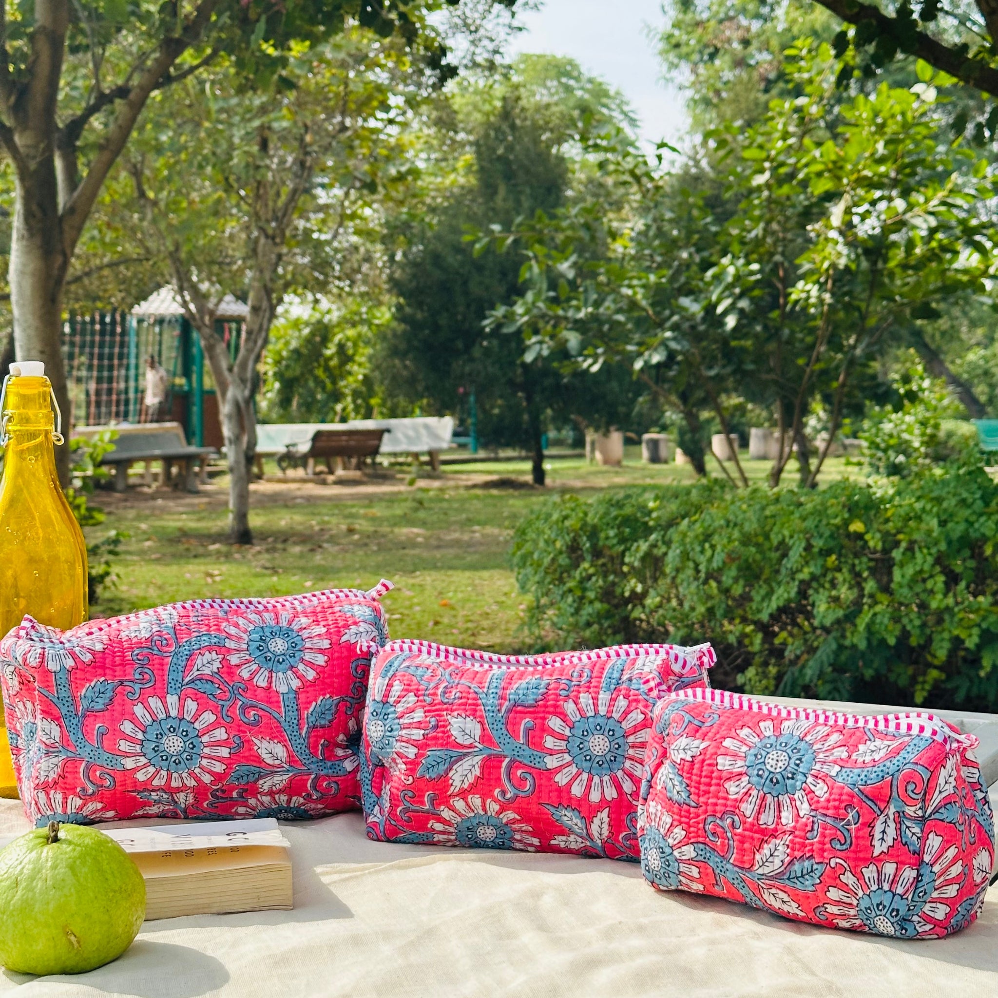 Quilted 3-Piece Pouch Set - Bright Pink