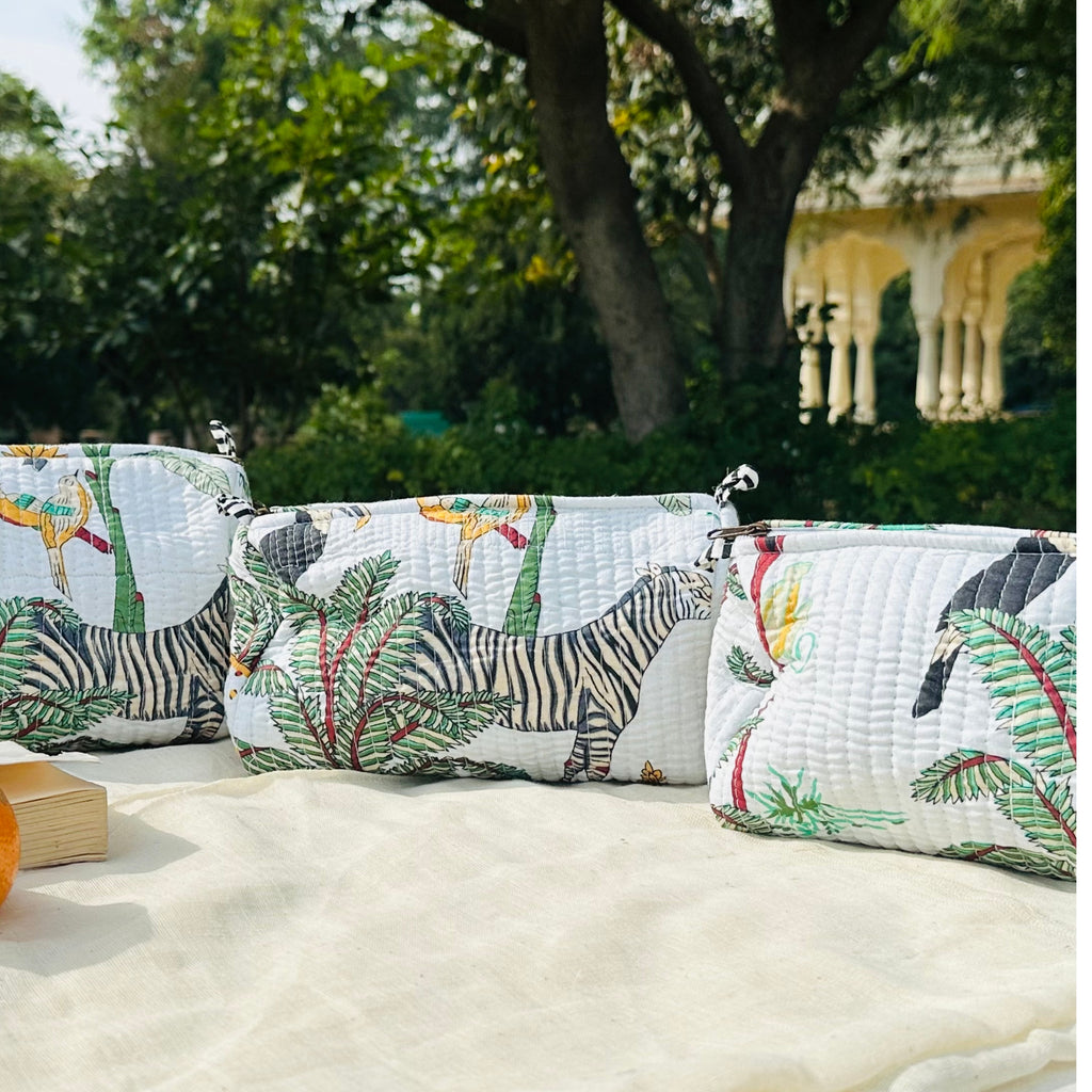 Quilted 3-Piece Pouch Set - Bright White Jungle