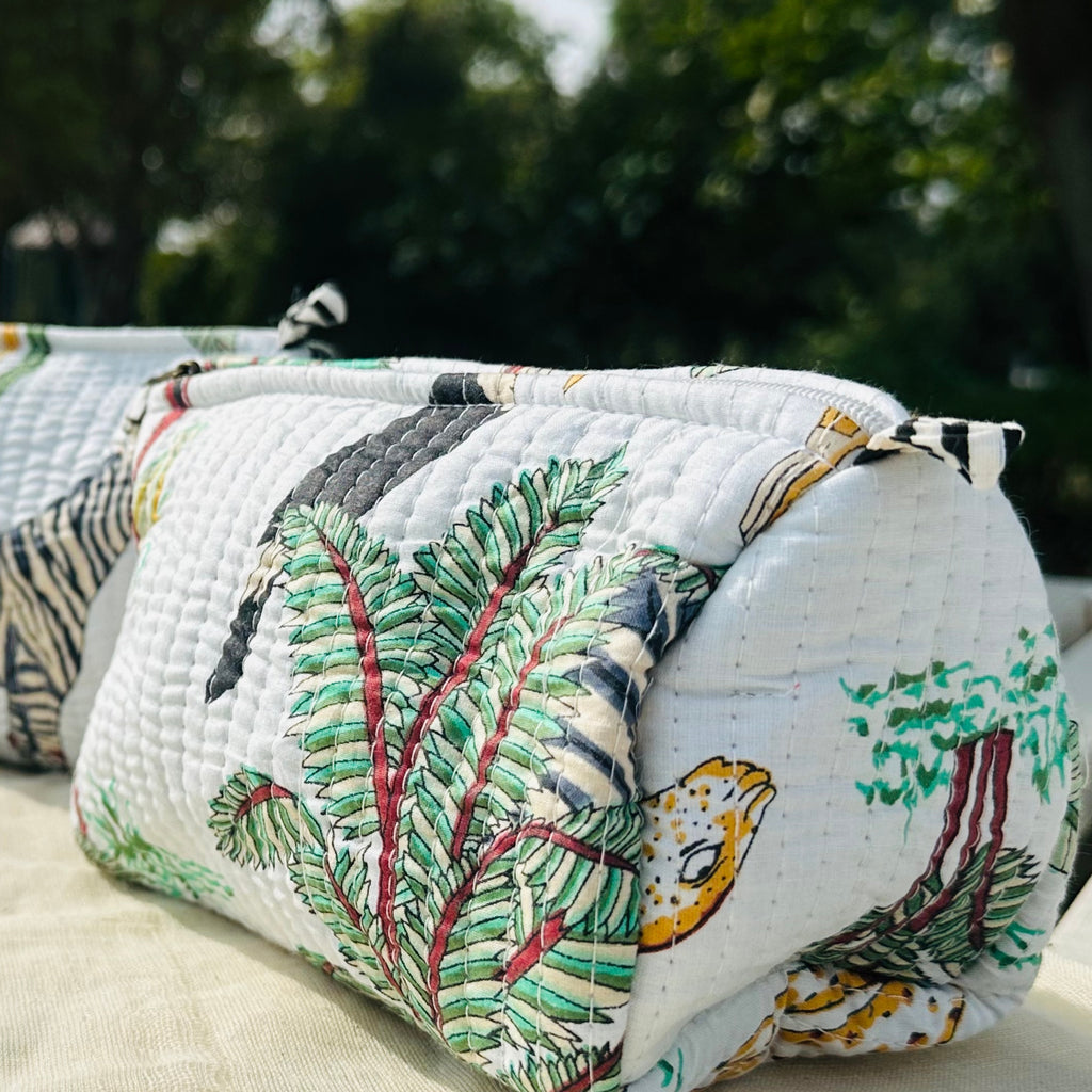 Quilted 3-Piece Pouch Set - Bright White Jungle