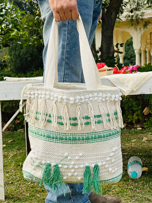 Handwoven Cotton Tote Bag – Ivory & Green Tassel Accent Design