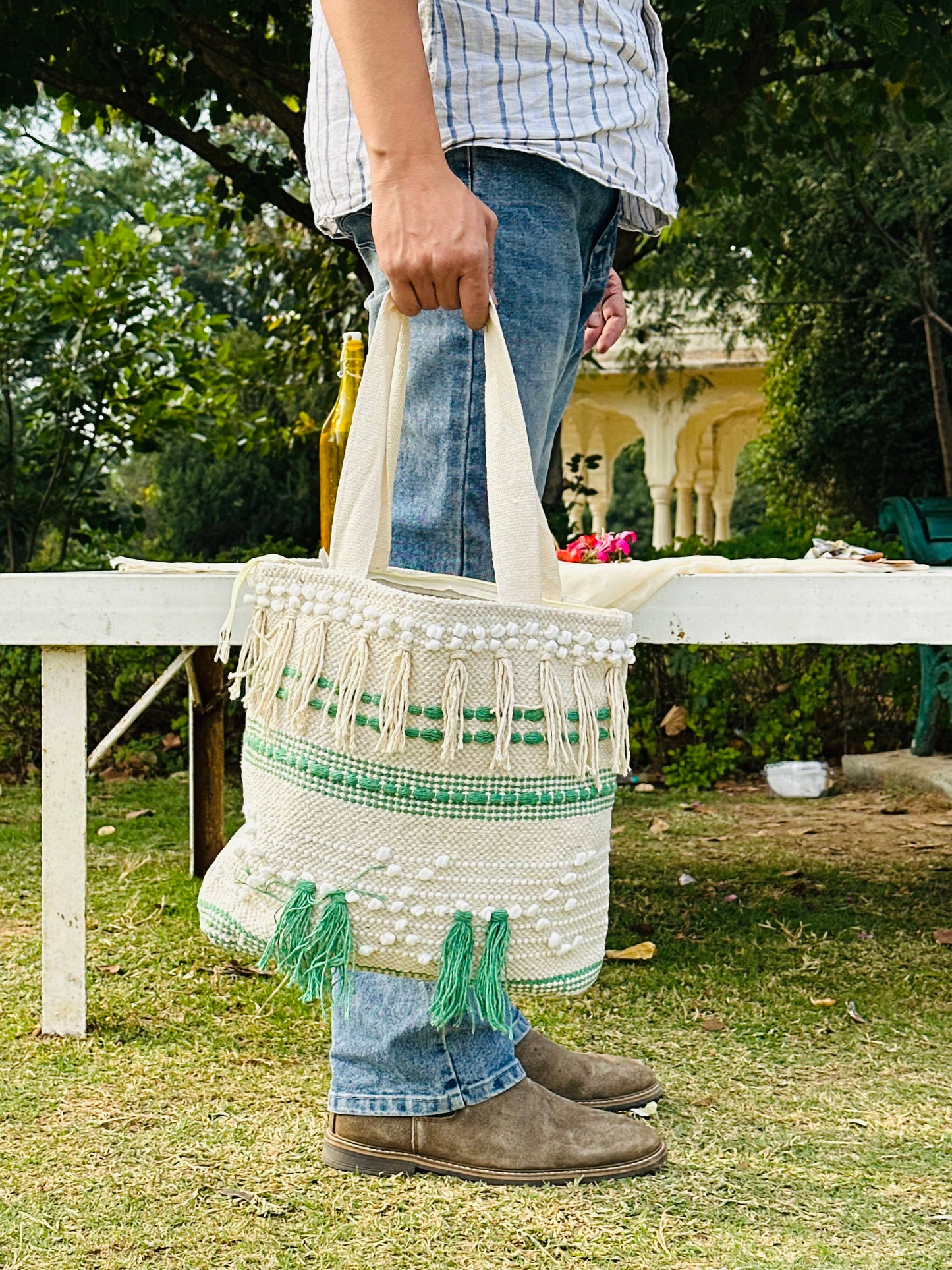Handwoven Cotton Tote Bag – Ivory & Green Tassel Accent Design