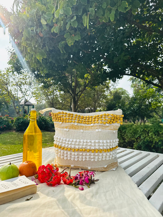 Handwoven Cotton Tote Bag – Ivory & Mustard Textured Stripe Design