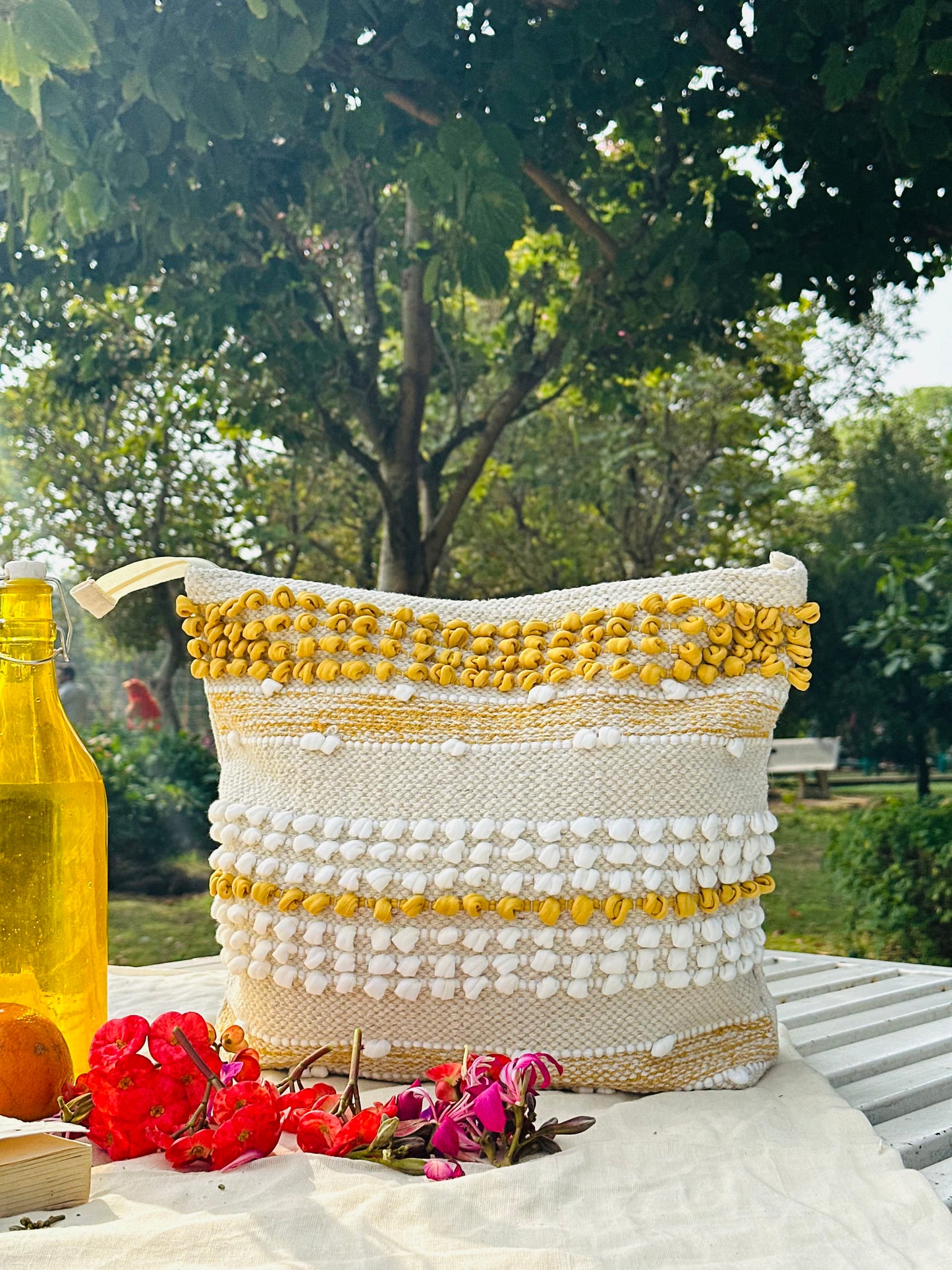 Handwoven Cotton Tote Bag – Ivory & Mustard Textured Stripe Design
