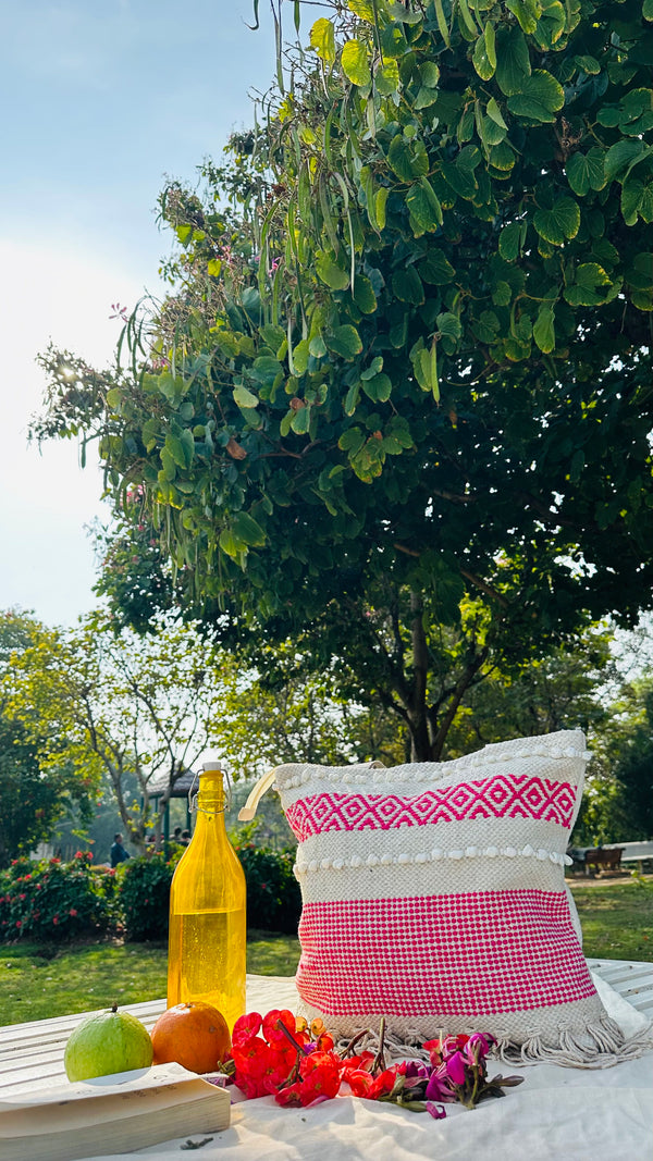 Handwoven Cotton Tote Bag – Ivory Base with Pink Geometric Pattern