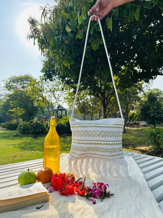 Handwoven Cotton Sling Bag – Ivory & Olive Geometric Tassel Design