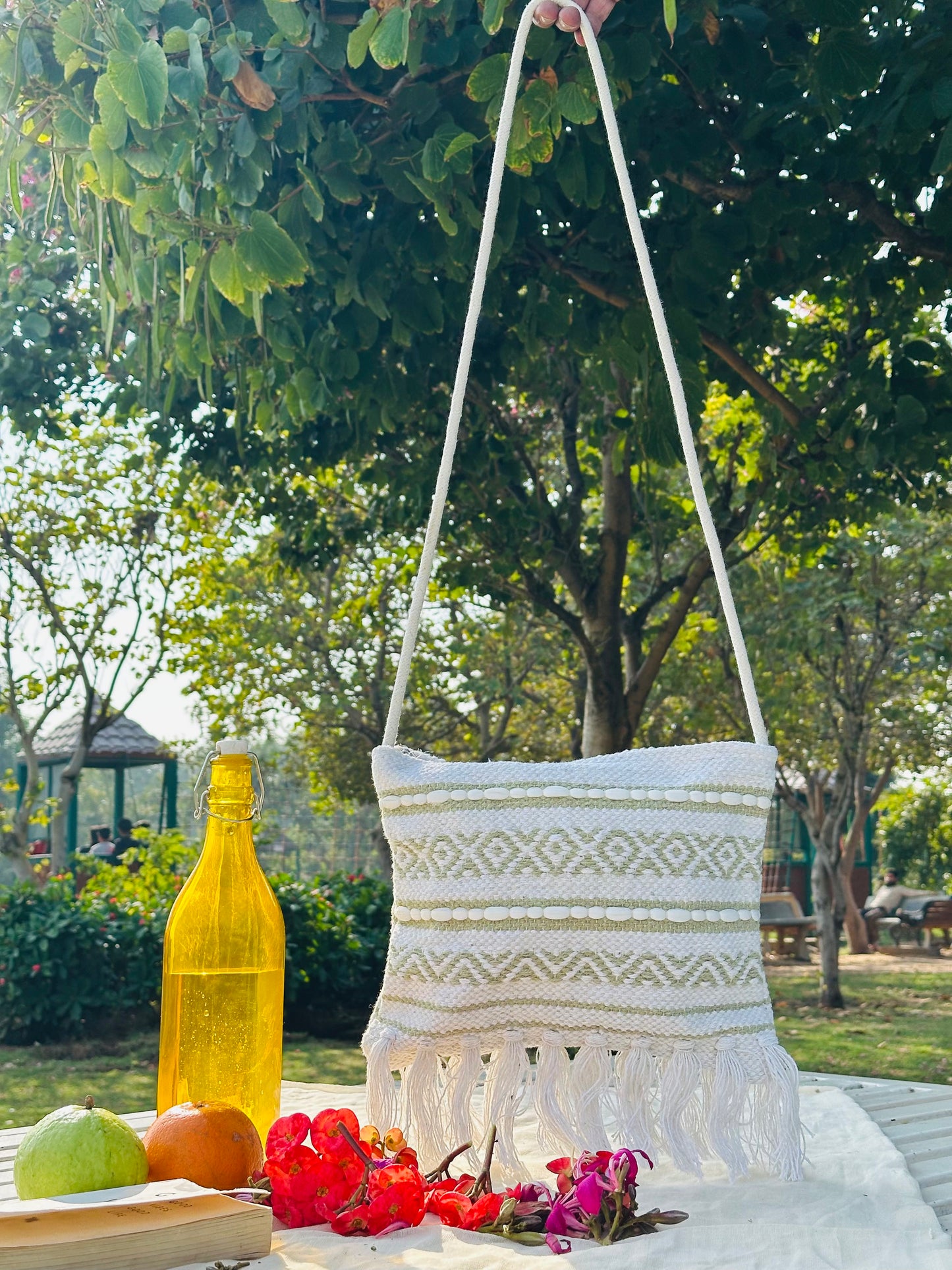 Handwoven Cotton Sling Bag – Ivory & Olive Geometric Tassel Design