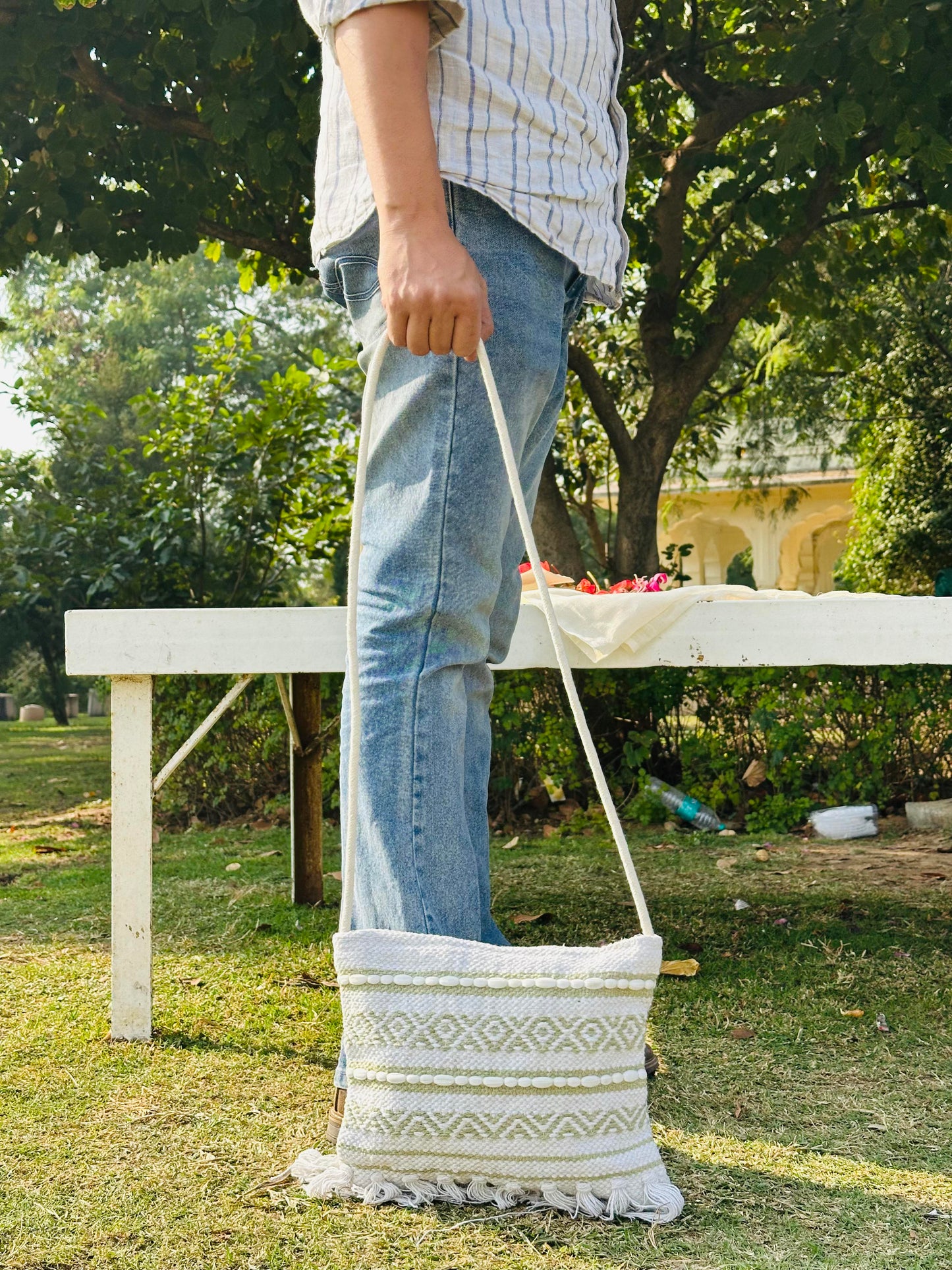 Handwoven Cotton Sling Bag – Ivory & Olive Geometric Tassel Design