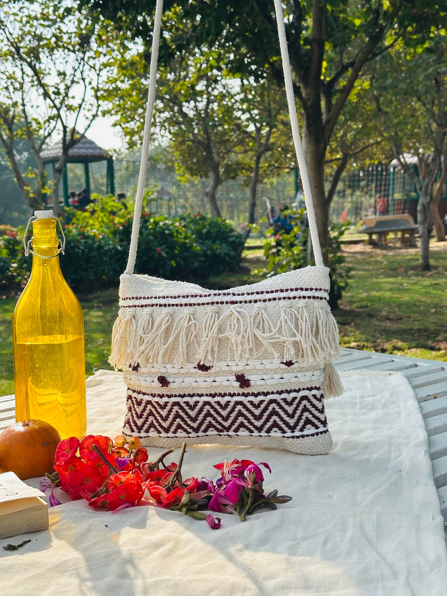 Handwoven Cotton Sling Bag – Ivory & Brown Chevron Tassel Design