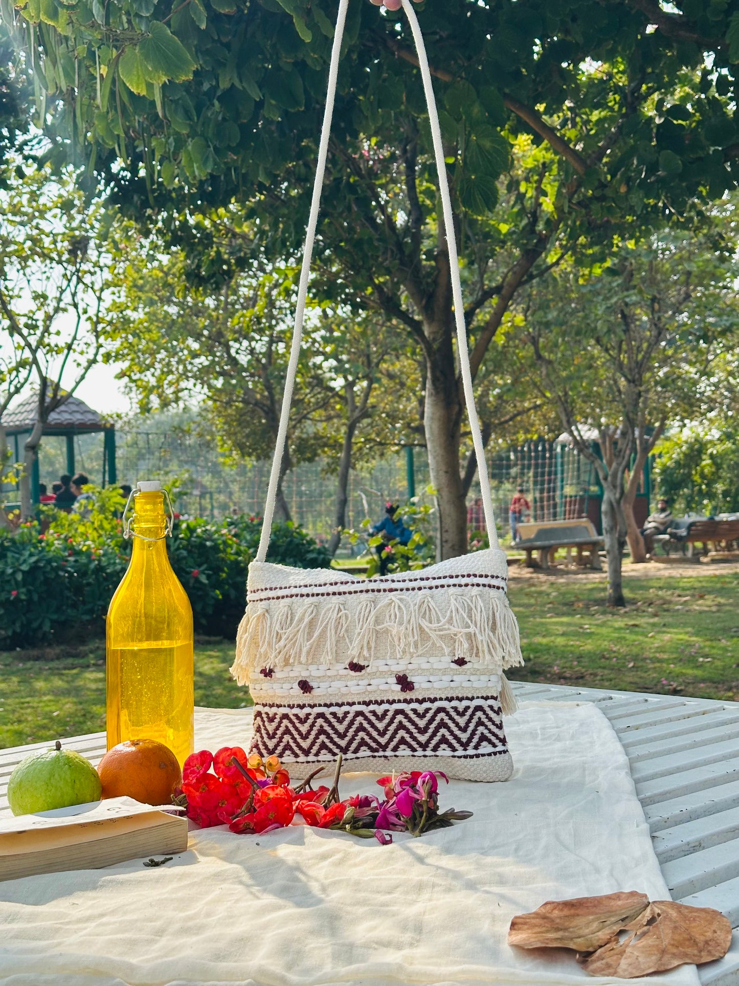 Handwoven Cotton Sling Bag – Ivory & Brown Chevron Tassel Design