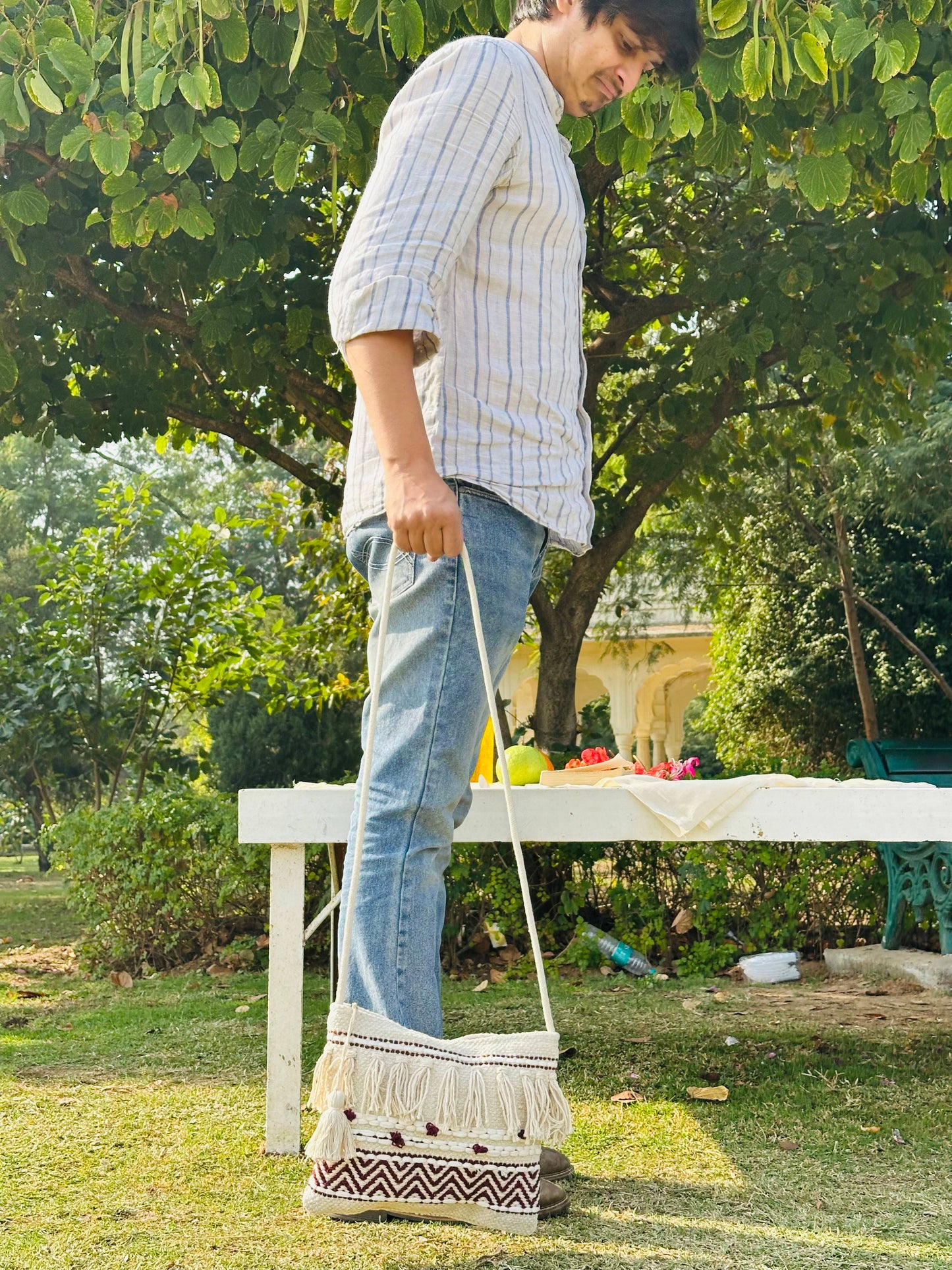 Handwoven Cotton Sling Bag – Ivory & Brown Chevron Tassel Design