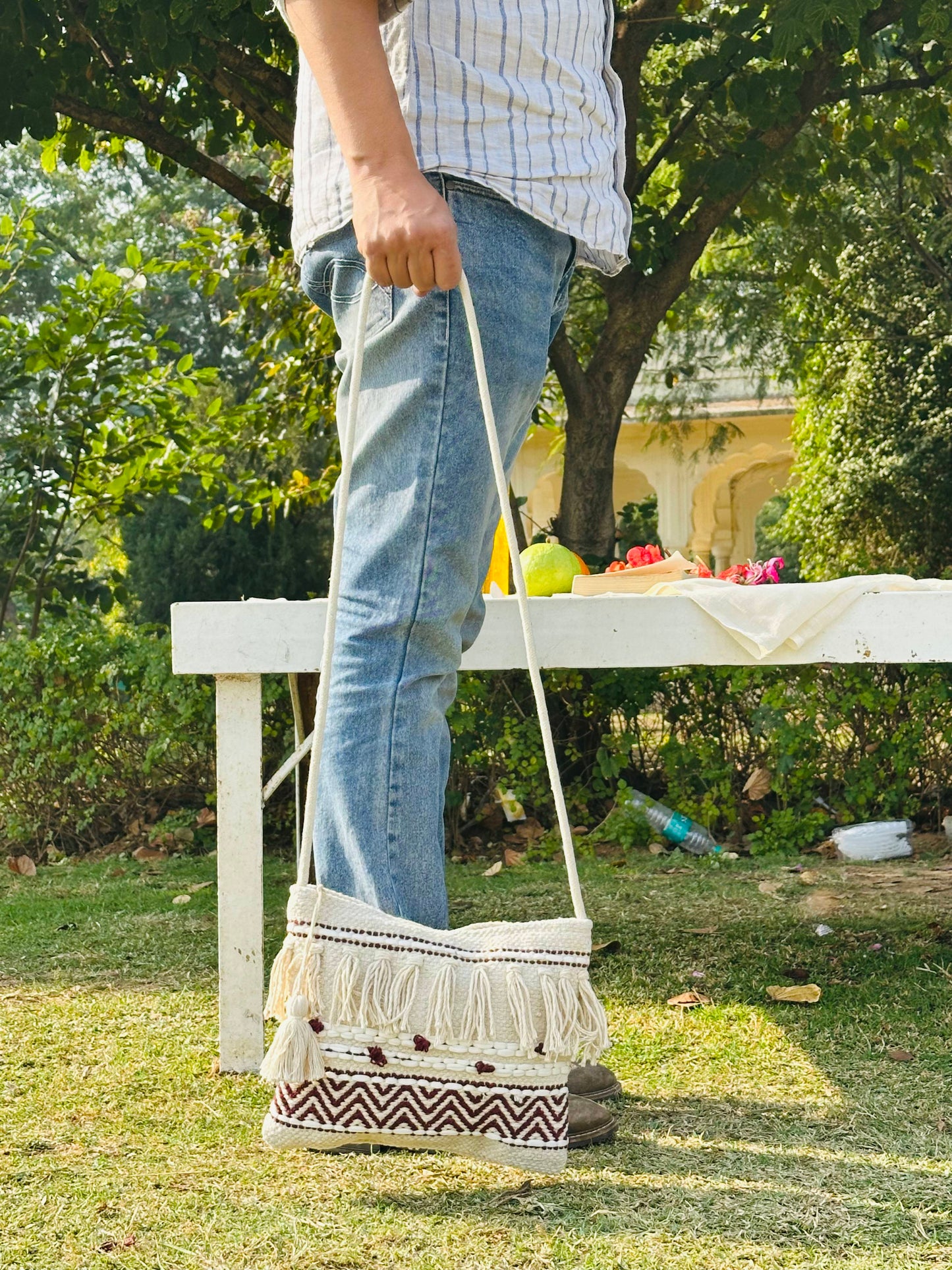 Handwoven Cotton Sling Bag – Ivory & Brown Chevron Tassel Design