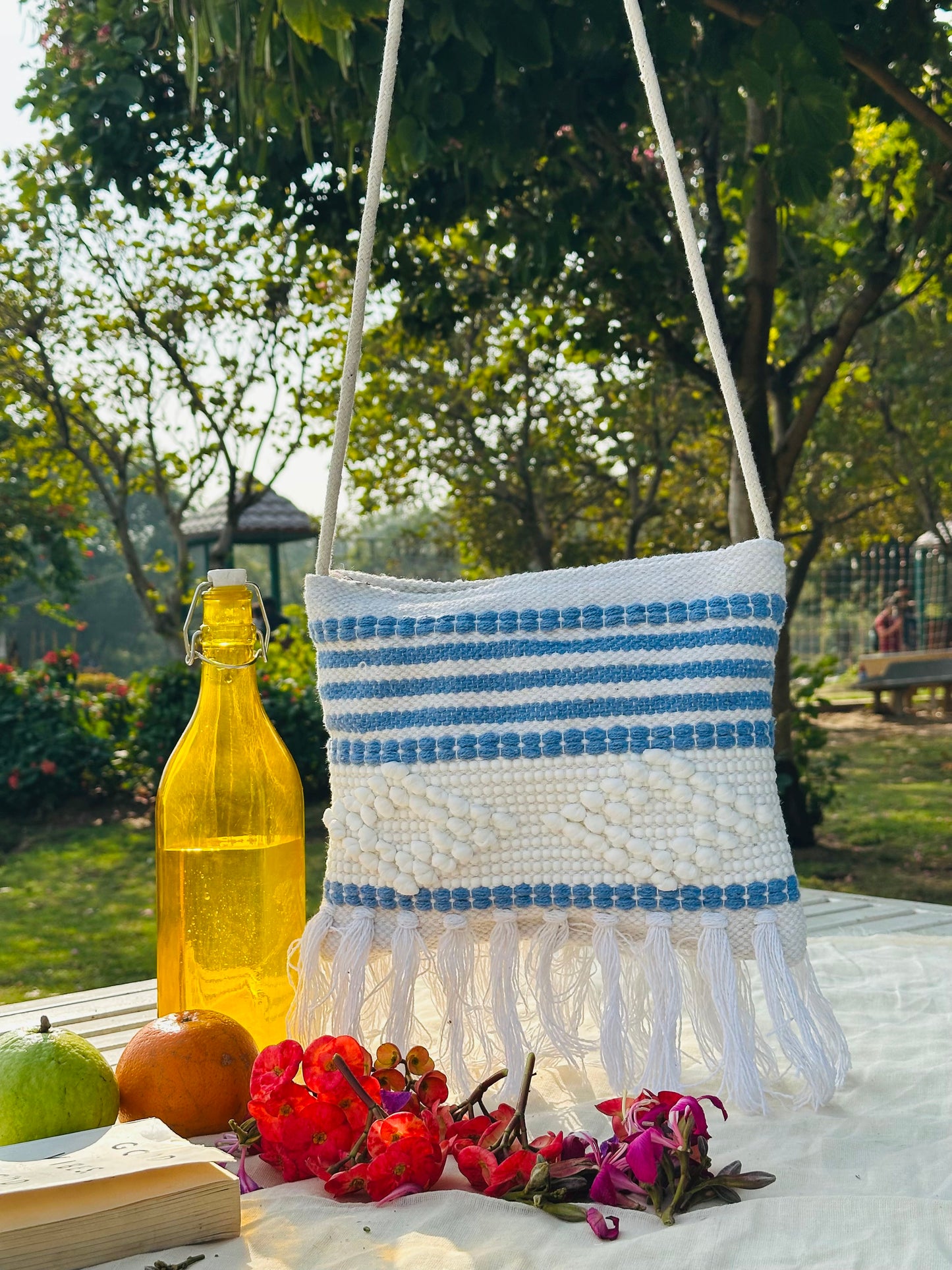 Handwoven Cotton Sling Bag – Ivory & Blue Stripe with Tassels