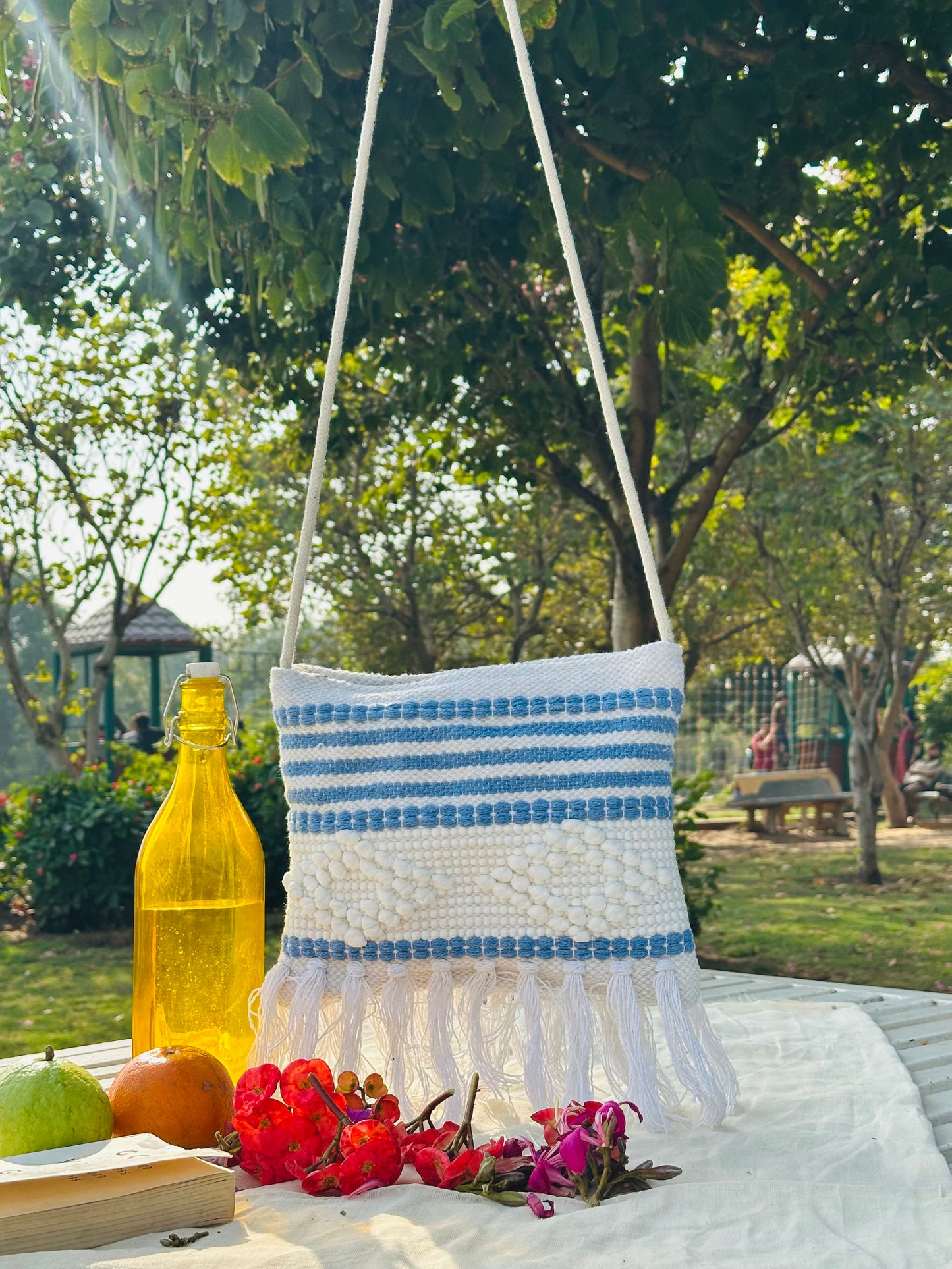 Handwoven Cotton Sling Bag – Ivory & Blue Stripe with Tassels