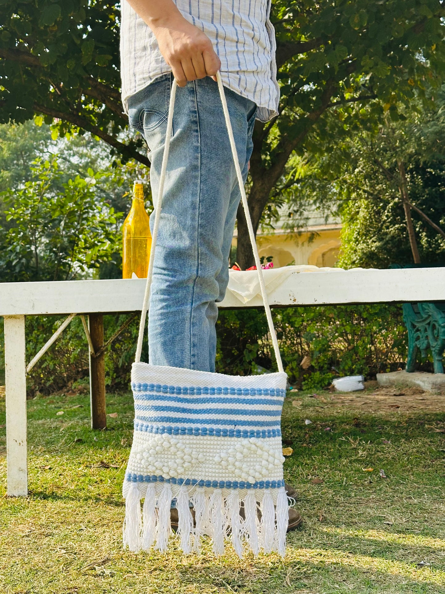 Handwoven Cotton Sling Bag – Ivory & Blue Stripe with Tassels