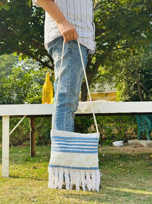 Handwoven Cotton Sling Bag – Ivory & Blue Stripe with Tassels