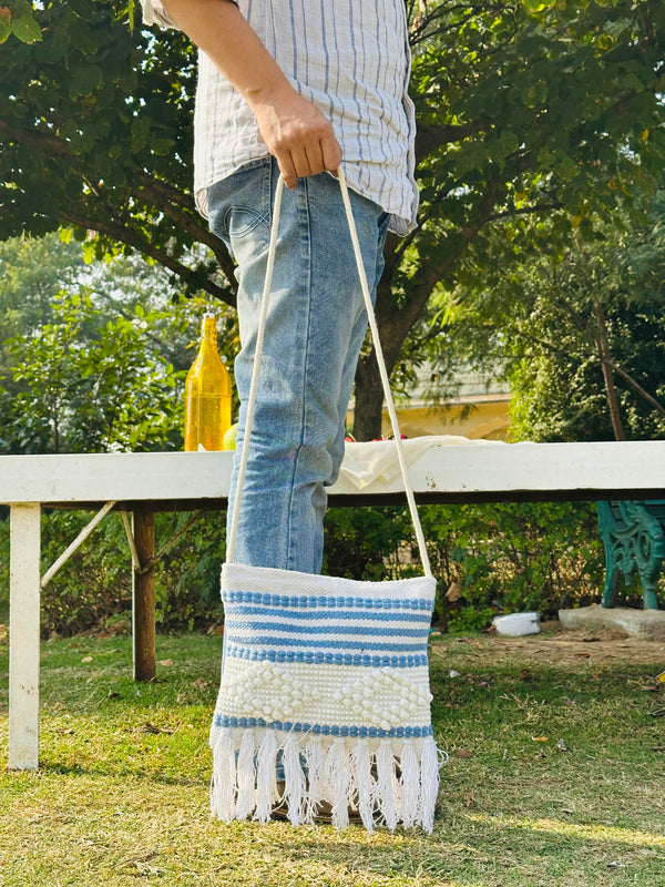 Handwoven Cotton Sling Bag – Ivory & Blue Stripe with Tassels