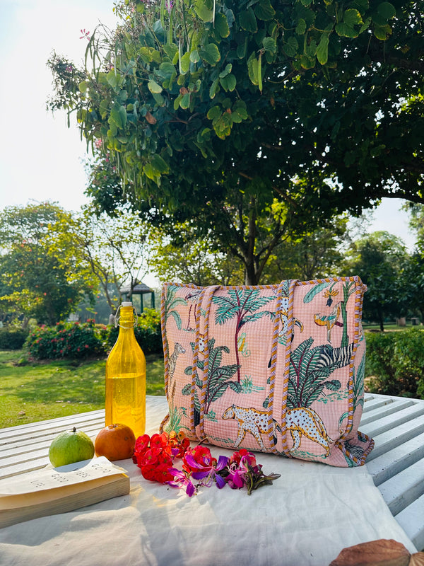 Handcrafted Quilted Cotton Tote Bag – Peach Jungle Safari Print