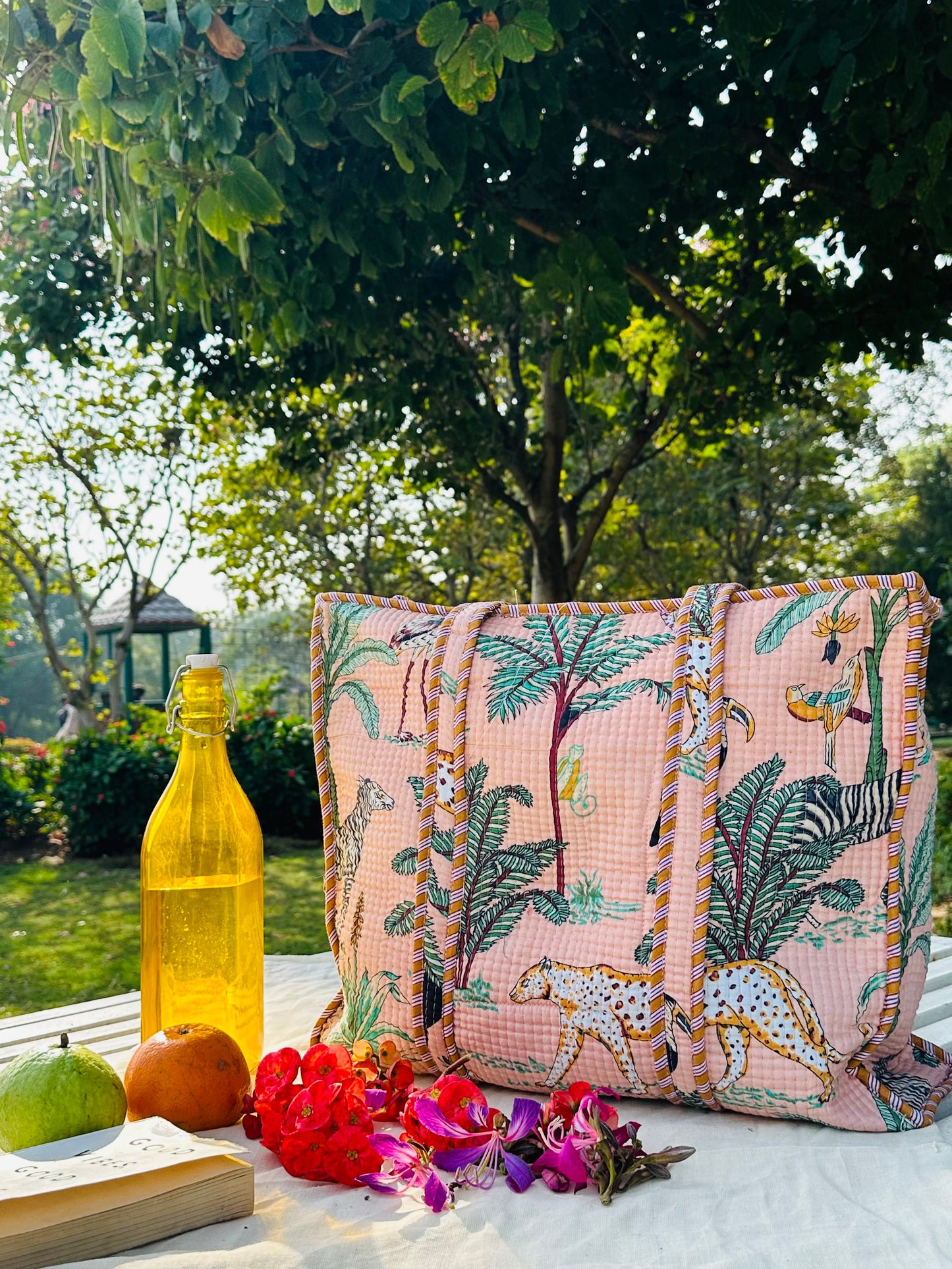 Handcrafted Quilted Cotton Tote Bag – Peach Jungle Safari Print