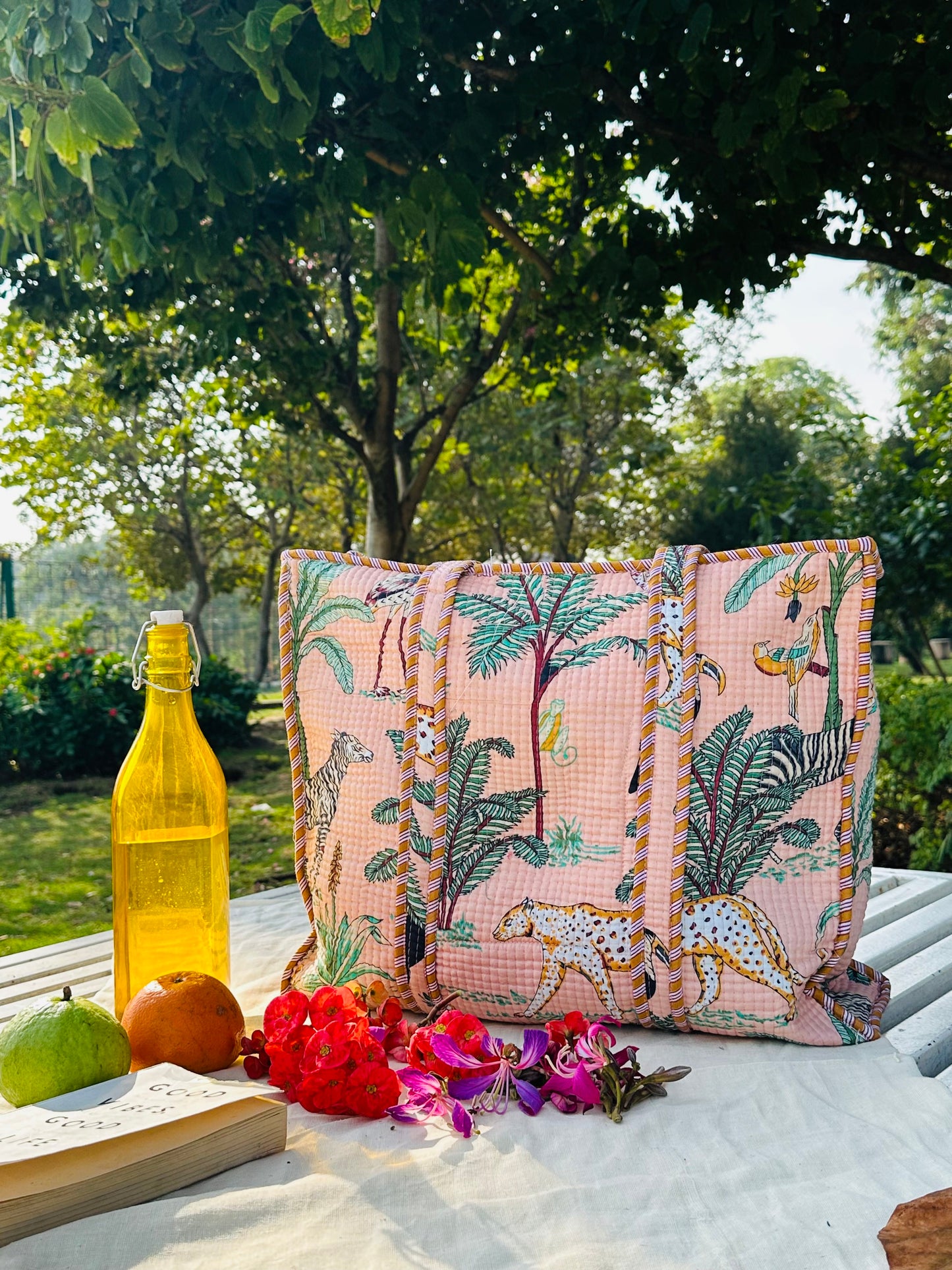 Handcrafted Quilted Cotton Tote Bag – Peach Jungle Safari Print