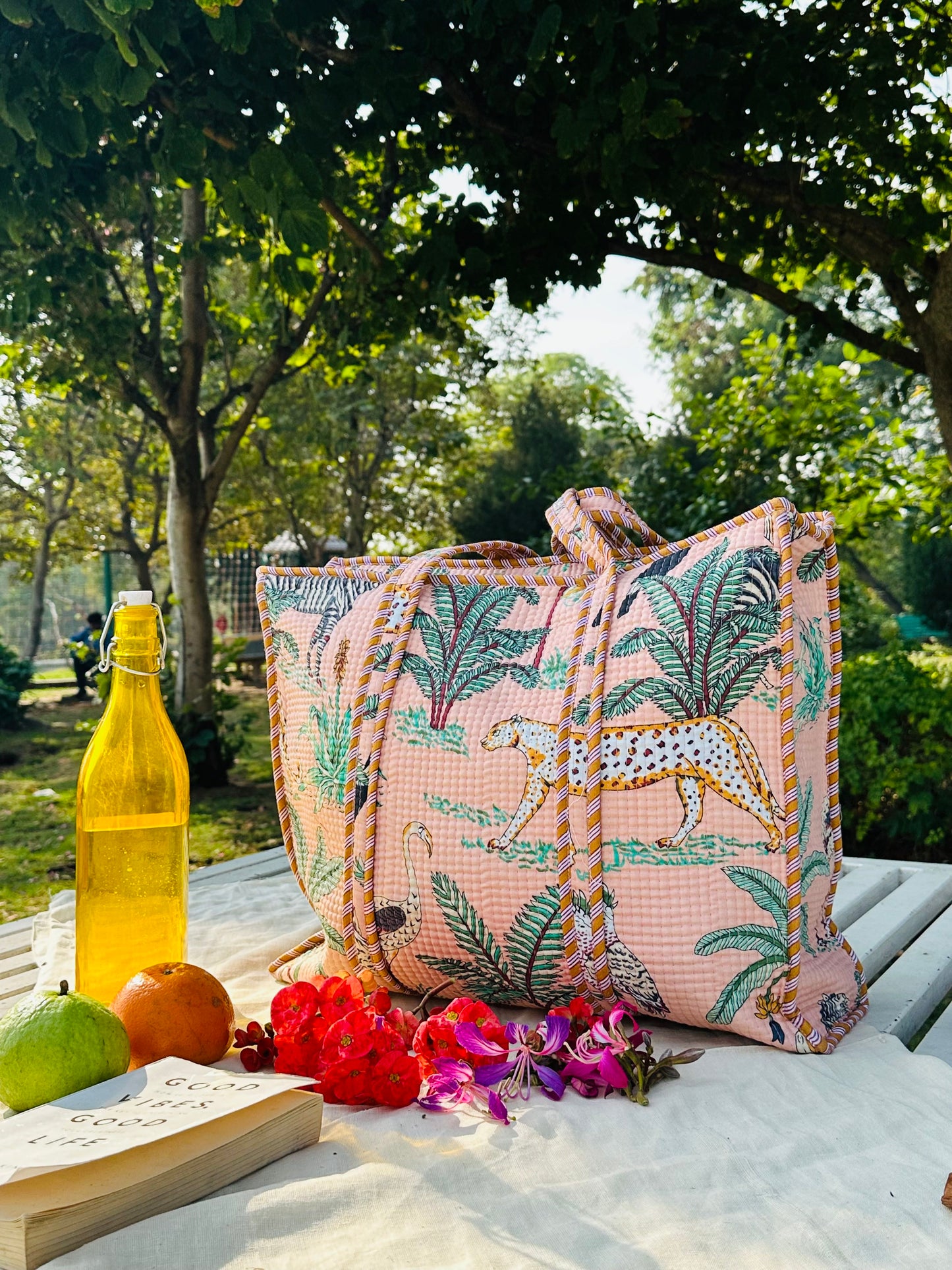 Handcrafted Quilted Cotton Tote Bag – Peach Jungle Safari Print